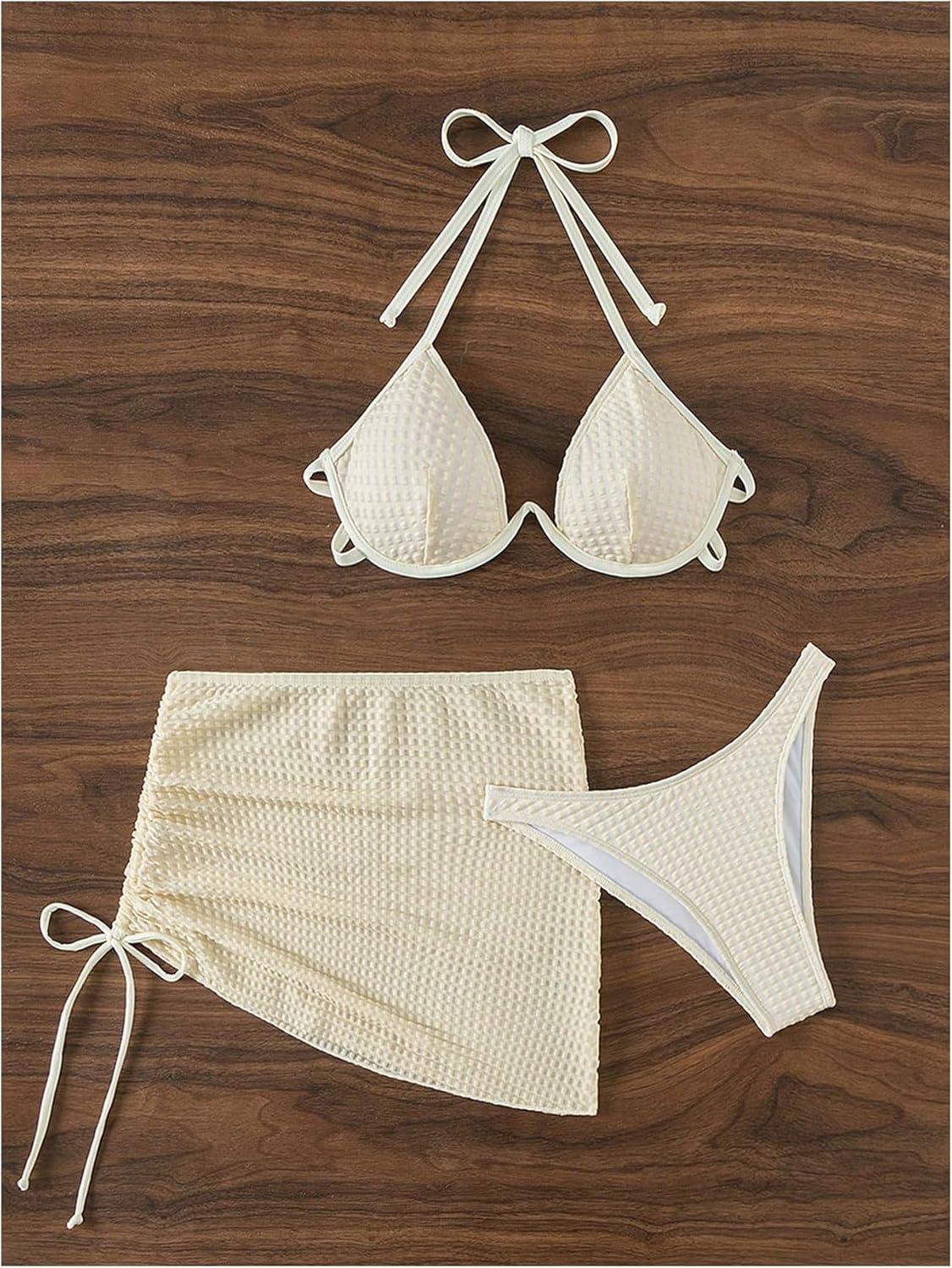 imageSHENHE Womens 3 Piece Underwired Swimsuit Halter String High Cut Bikini Set with Cover Up Skirt