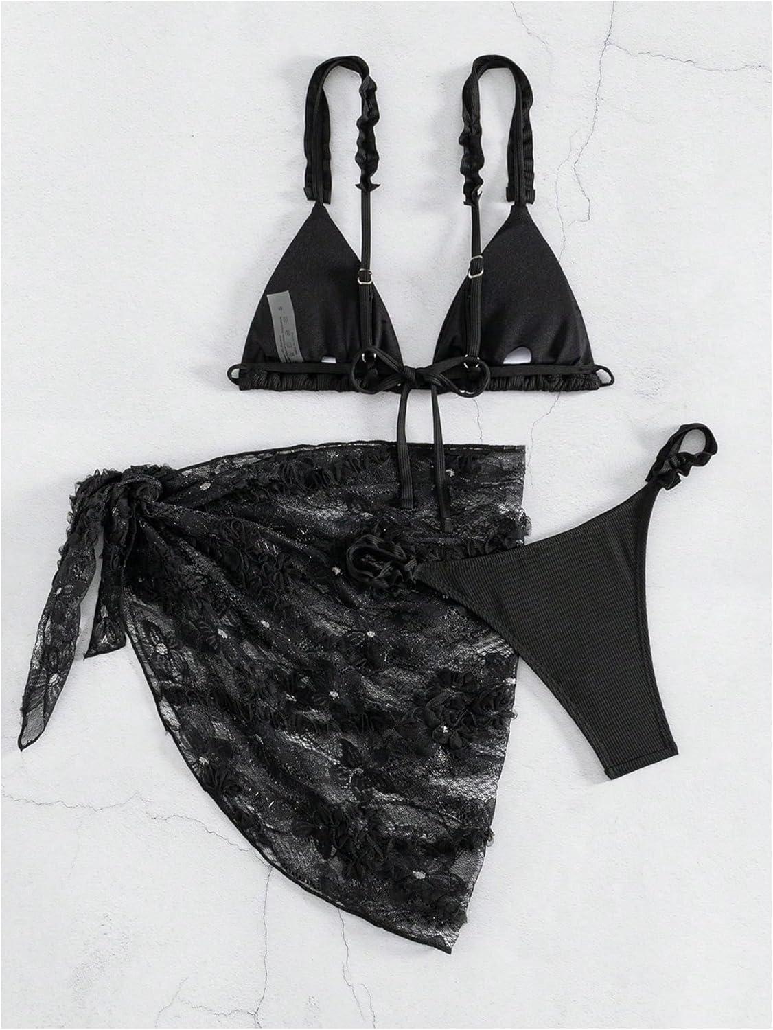imageSHENHE Womens 3 Pieces Swimsuits with Lace Sarong Coverup Skirt Triangle Frilly Bikini SetBlack