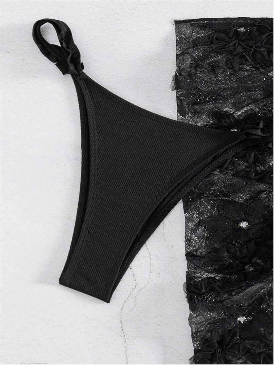 imageSHENHE Womens 3 Pieces Swimsuits with Lace Sarong Coverup Skirt Triangle Frilly Bikini SetBlack