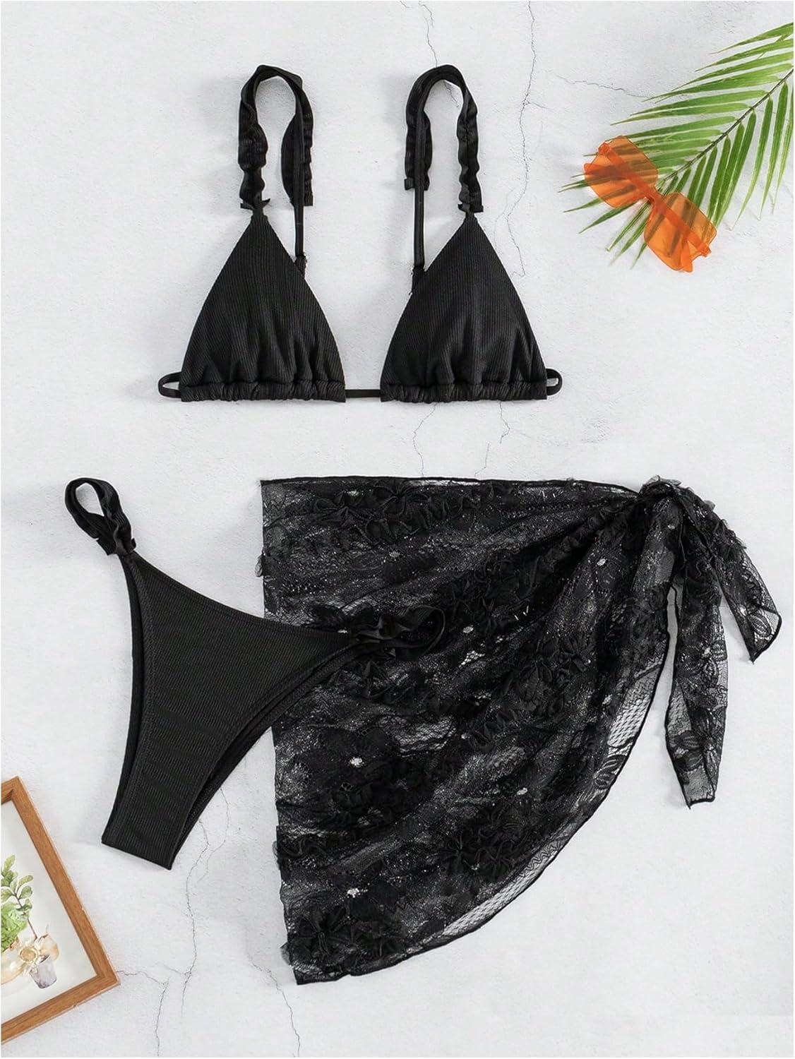 imageSHENHE Womens 3 Pieces Swimsuits with Lace Sarong Coverup Skirt Triangle Frilly Bikini SetBlack