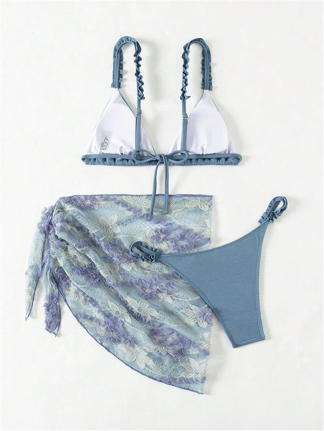 imageSHENHE Womens 3 Pieces Swimsuits with Lace Sarong Coverup Skirt Triangle Frilly Bikini SetDusty Blue