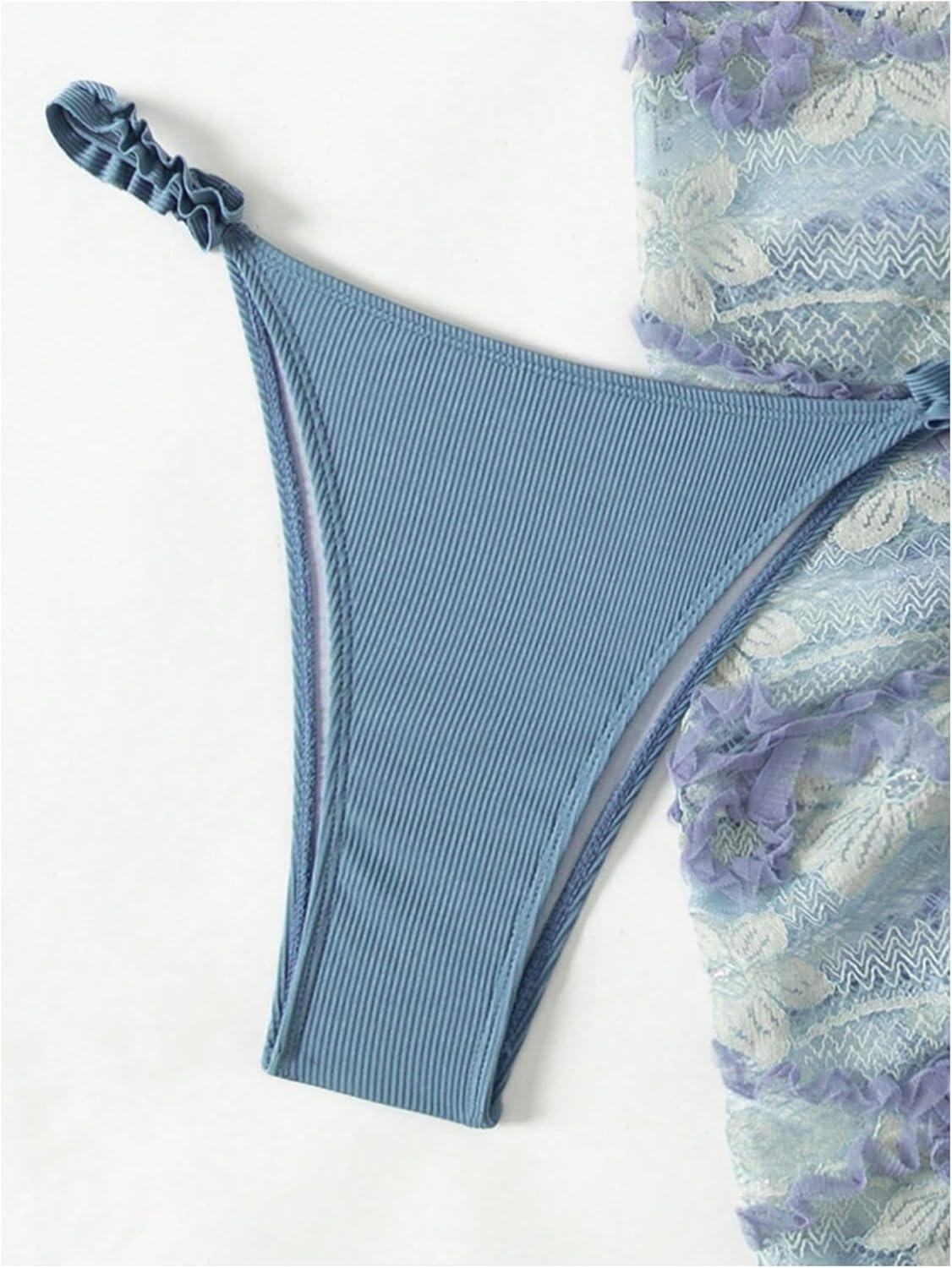 imageSHENHE Womens 3 Pieces Swimsuits with Lace Sarong Coverup Skirt Triangle Frilly Bikini SetDusty Blue
