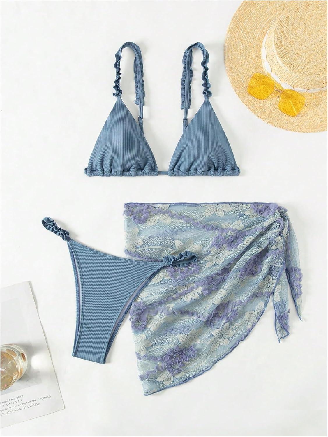 imageSHENHE Womens 3 Pieces Swimsuits with Lace Sarong Coverup Skirt Triangle Frilly Bikini SetDusty Blue