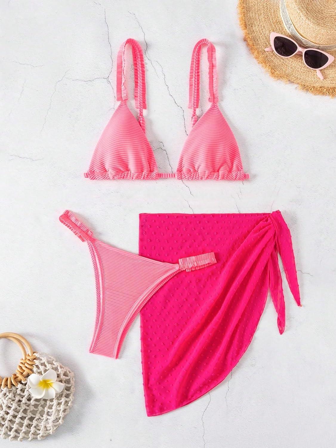 imageSHENHE Womens 3 Pieces Swimsuits with Lace Sarong Coverup Skirt Triangle Frilly Bikini SetHot Pink