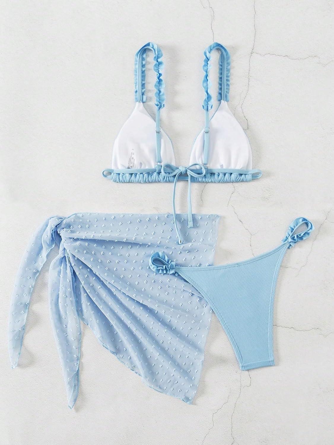 imageSHENHE Womens 3 Pieces Swimsuits with Lace Sarong Coverup Skirt Triangle Frilly Bikini SetLight Blue
