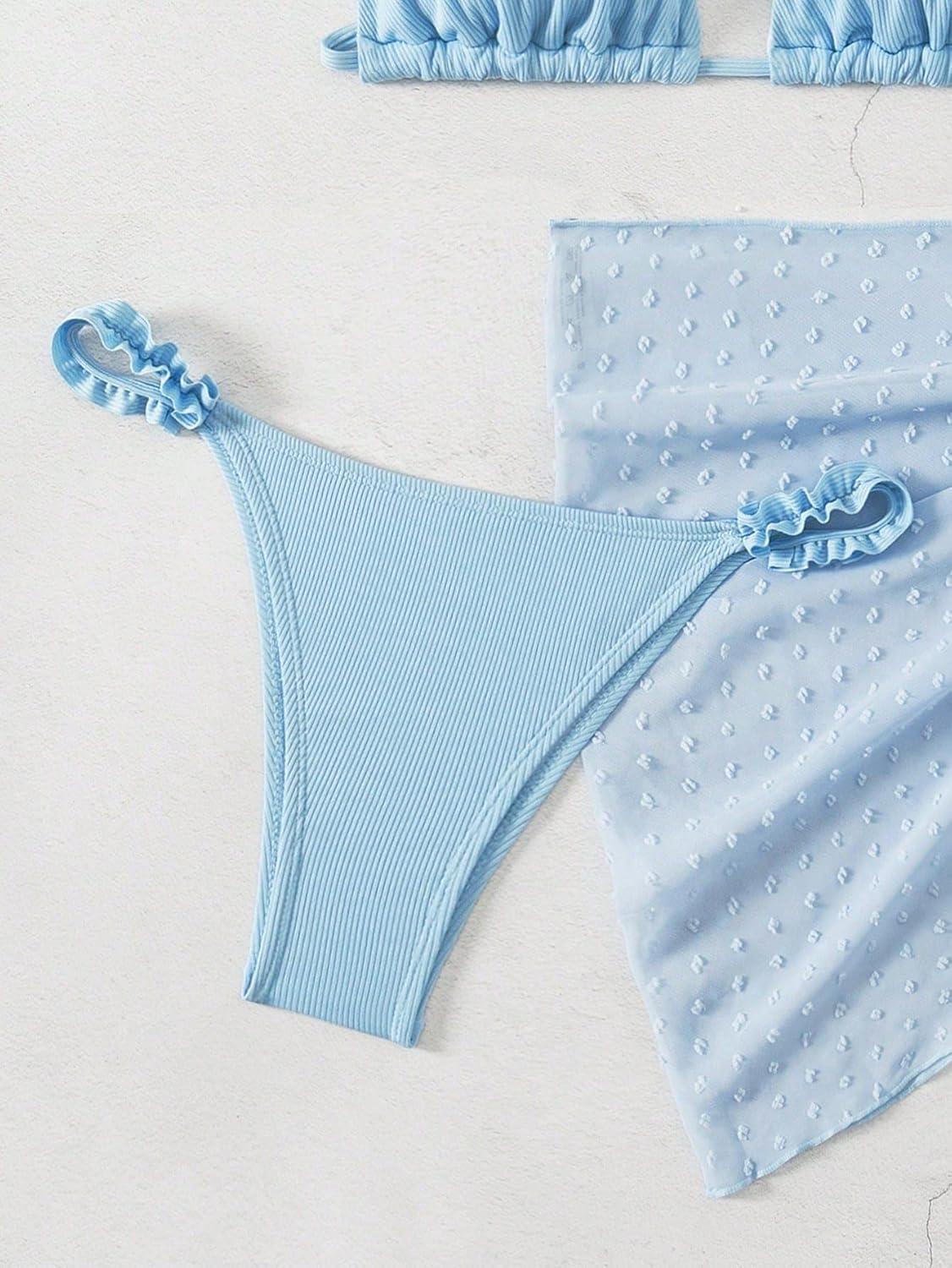 imageSHENHE Womens 3 Pieces Swimsuits with Lace Sarong Coverup Skirt Triangle Frilly Bikini SetLight Blue