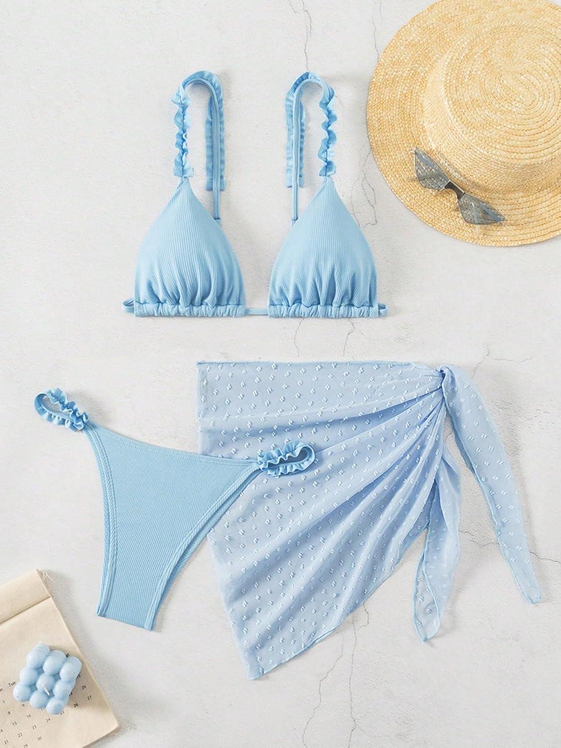 imageSHENHE Womens 3 Pieces Swimsuits with Lace Sarong Coverup Skirt Triangle Frilly Bikini SetLight Blue