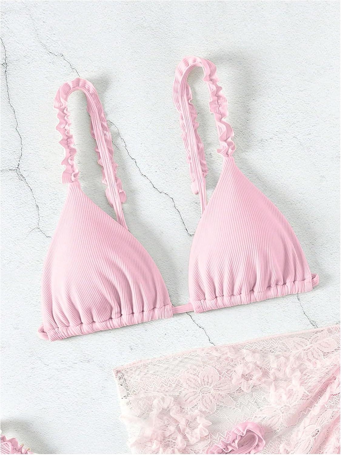 imageSHENHE Womens 3 Pieces Swimsuits with Lace Sarong Coverup Skirt Triangle Frilly Bikini SetPink