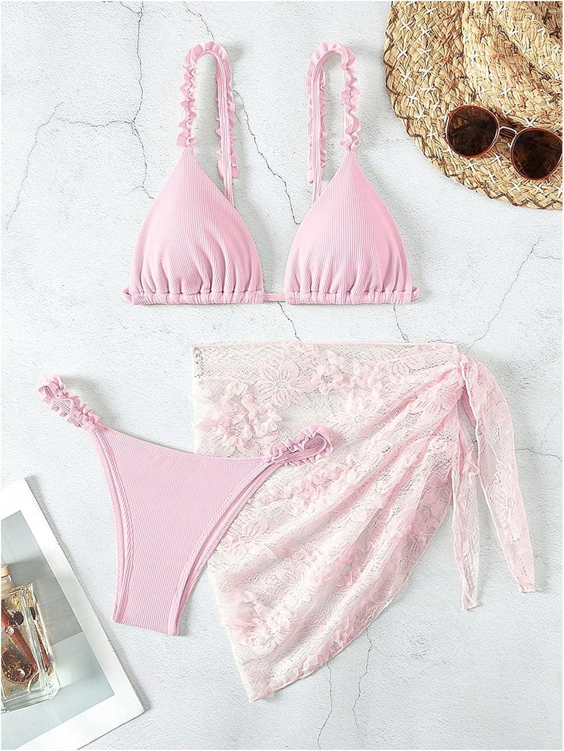 imageSHENHE Womens 3 Pieces Swimsuits with Lace Sarong Coverup Skirt Triangle Frilly Bikini SetPink