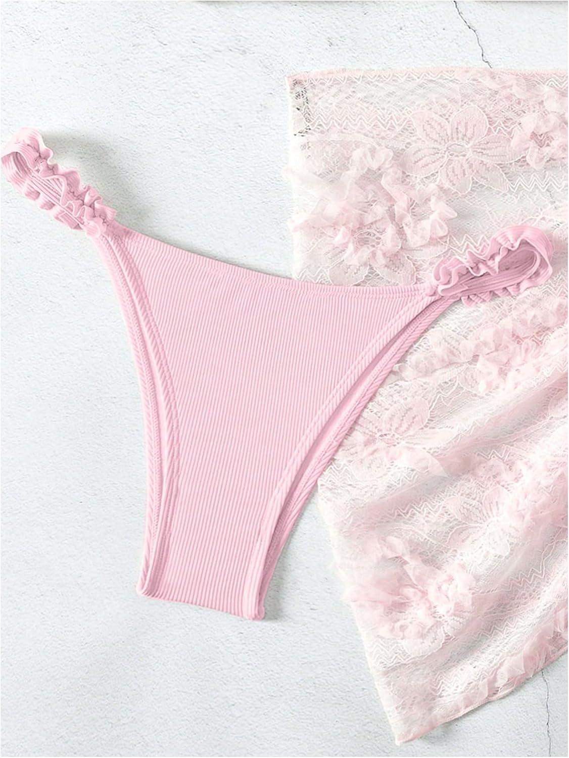 imageSHENHE Womens 3 Pieces Swimsuits with Lace Sarong Coverup Skirt Triangle Frilly Bikini SetPink