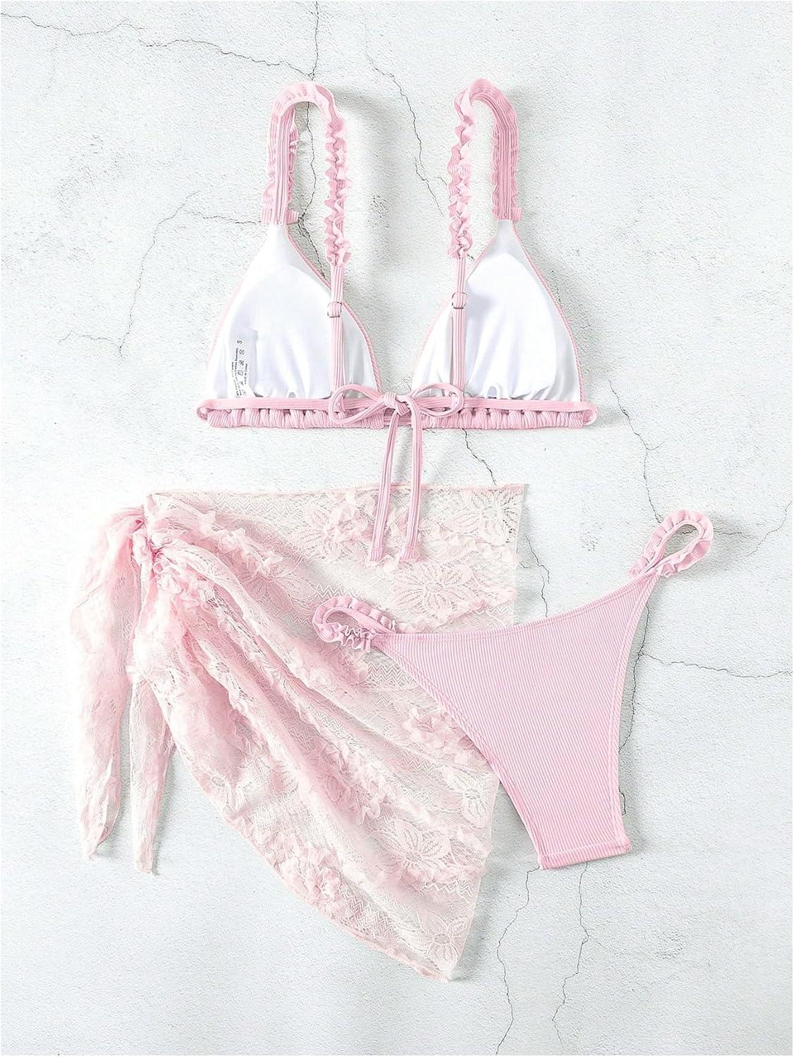 imageSHENHE Womens 3 Pieces Swimsuits with Lace Sarong Coverup Skirt Triangle Frilly Bikini SetPink