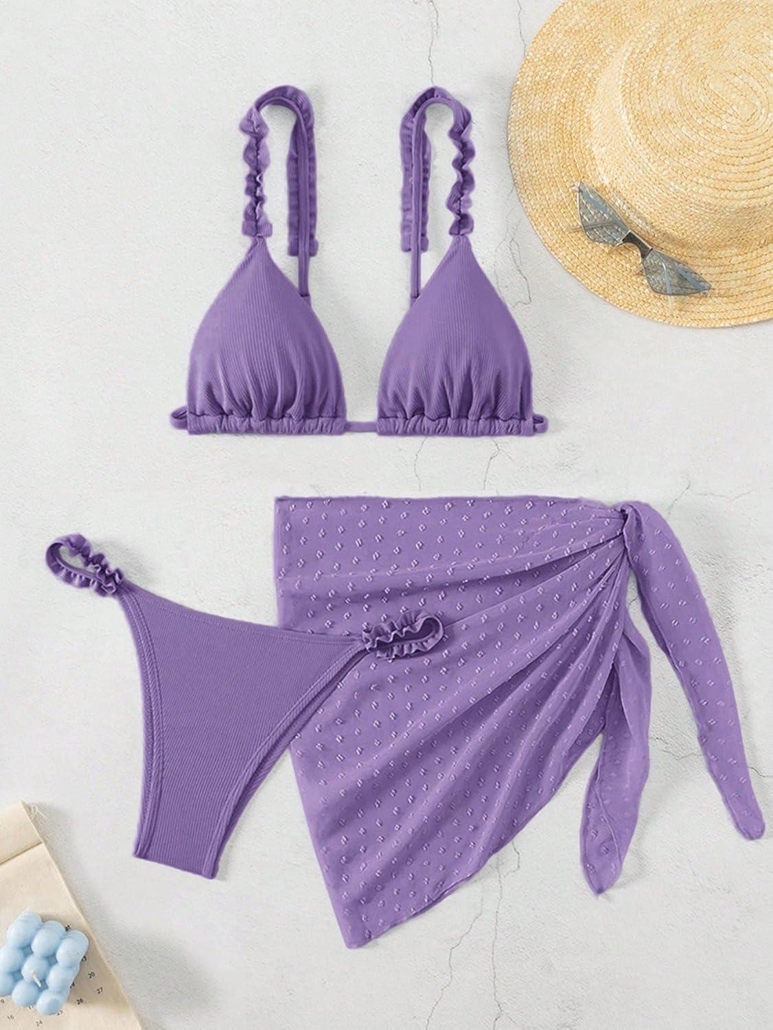 imageSHENHE Womens 3 Pieces Swimsuits with Lace Sarong Coverup Skirt Triangle Frilly Bikini SetPurple