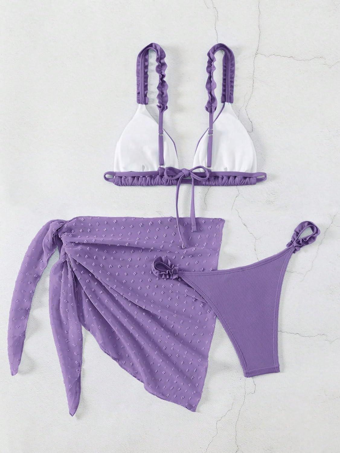 imageSHENHE Womens 3 Pieces Swimsuits with Lace Sarong Coverup Skirt Triangle Frilly Bikini SetPurple
