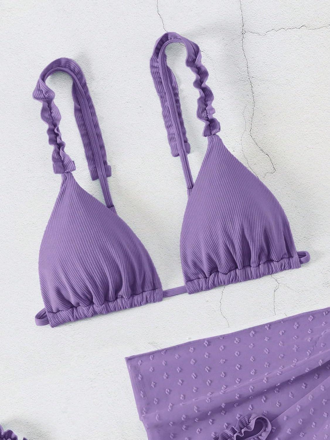 imageSHENHE Womens 3 Pieces Swimsuits with Lace Sarong Coverup Skirt Triangle Frilly Bikini SetPurple