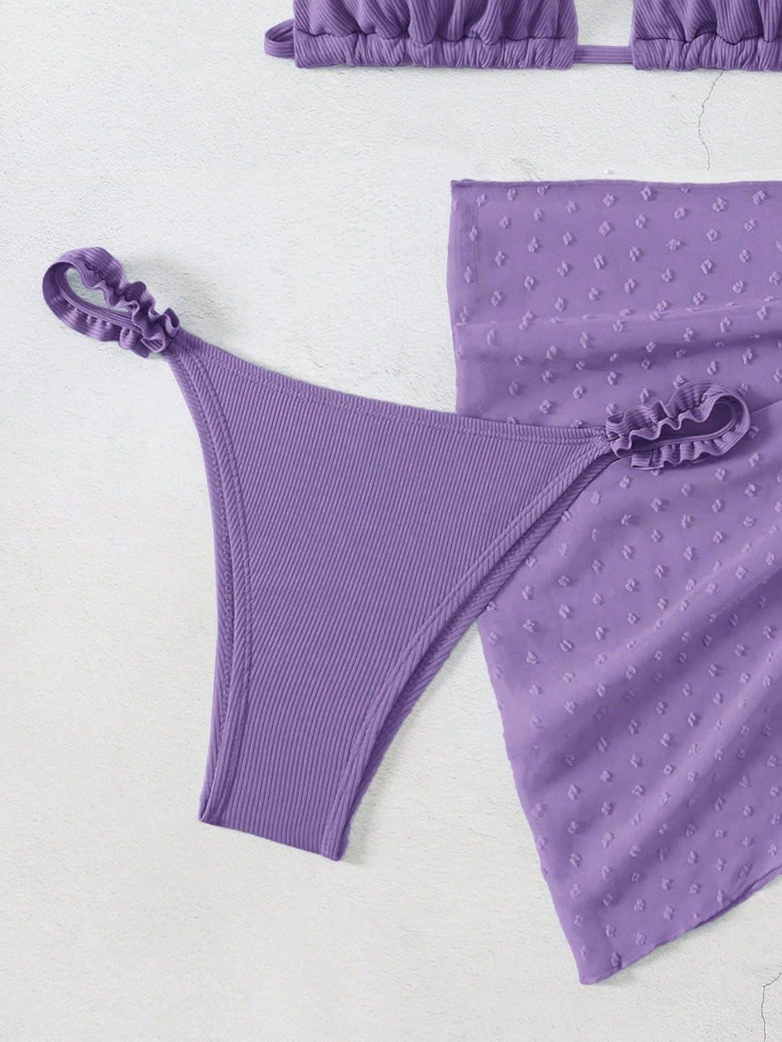 imageSHENHE Womens 3 Pieces Swimsuits with Lace Sarong Coverup Skirt Triangle Frilly Bikini SetPurple