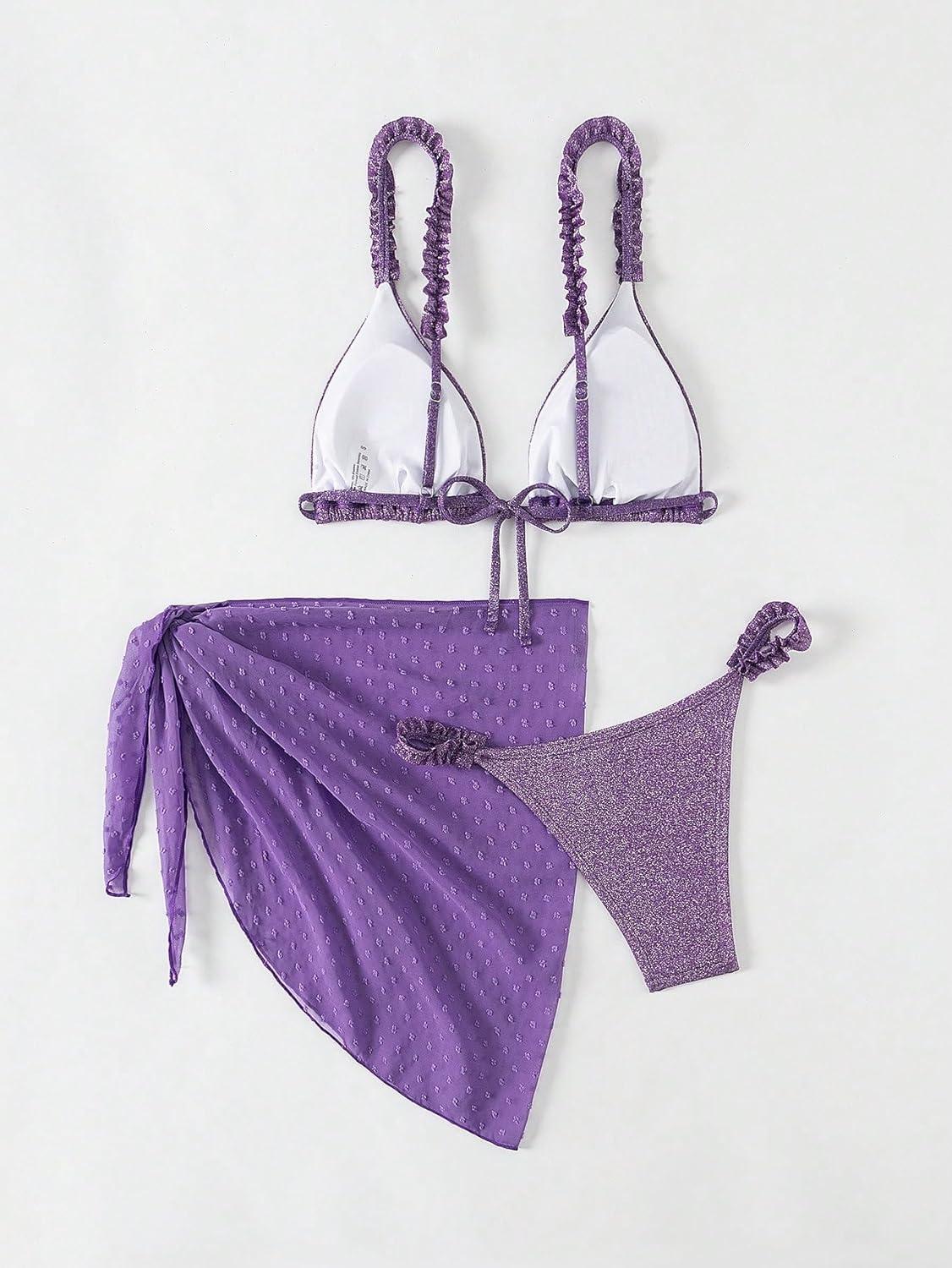 imageSHENHE Womens 3 Pieces Swimsuits with Lace Sarong Coverup Skirt Triangle Frilly Bikini SetShiny Purple