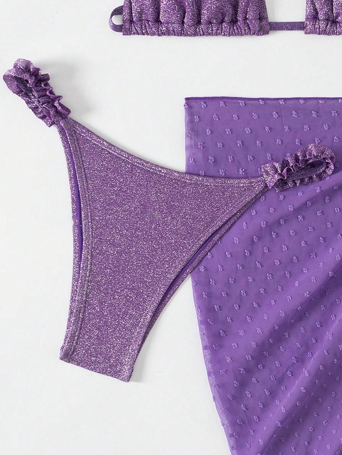 imageSHENHE Womens 3 Pieces Swimsuits with Lace Sarong Coverup Skirt Triangle Frilly Bikini SetShiny Purple