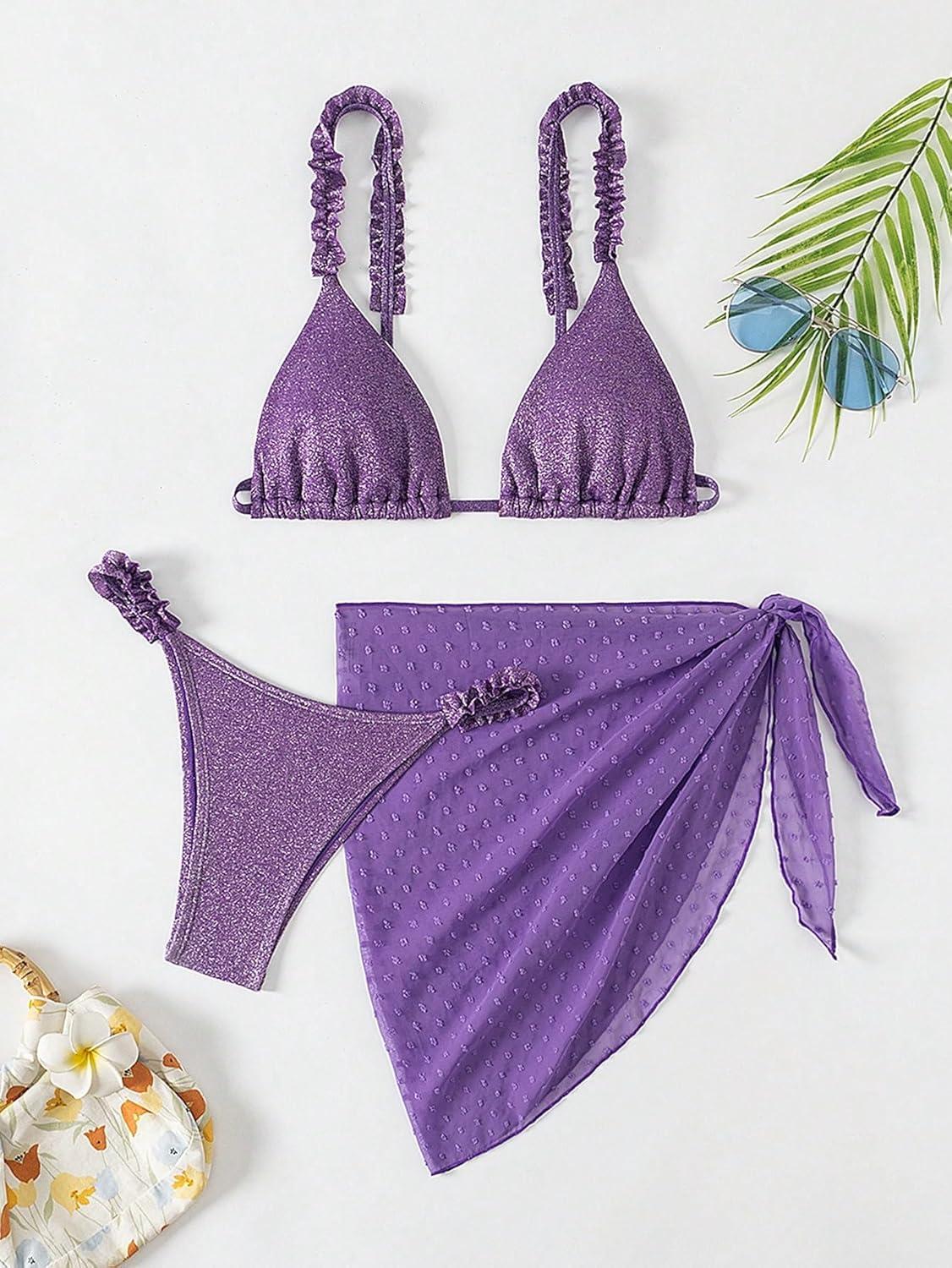 imageSHENHE Womens 3 Pieces Swimsuits with Lace Sarong Coverup Skirt Triangle Frilly Bikini SetShiny Purple