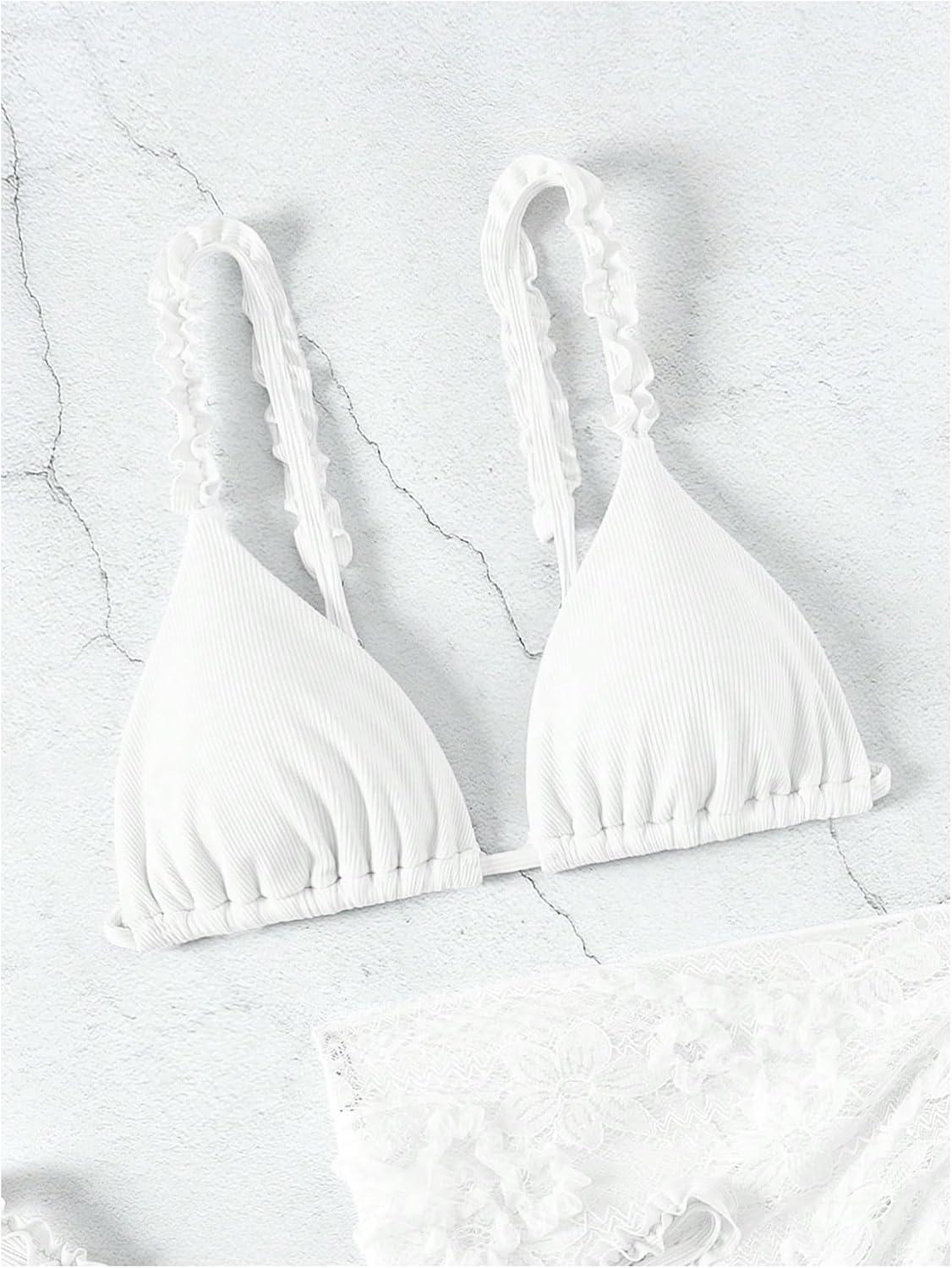 imageSHENHE Womens 3 Pieces Swimsuits with Lace Sarong Coverup Skirt Triangle Frilly Bikini SetSolid White