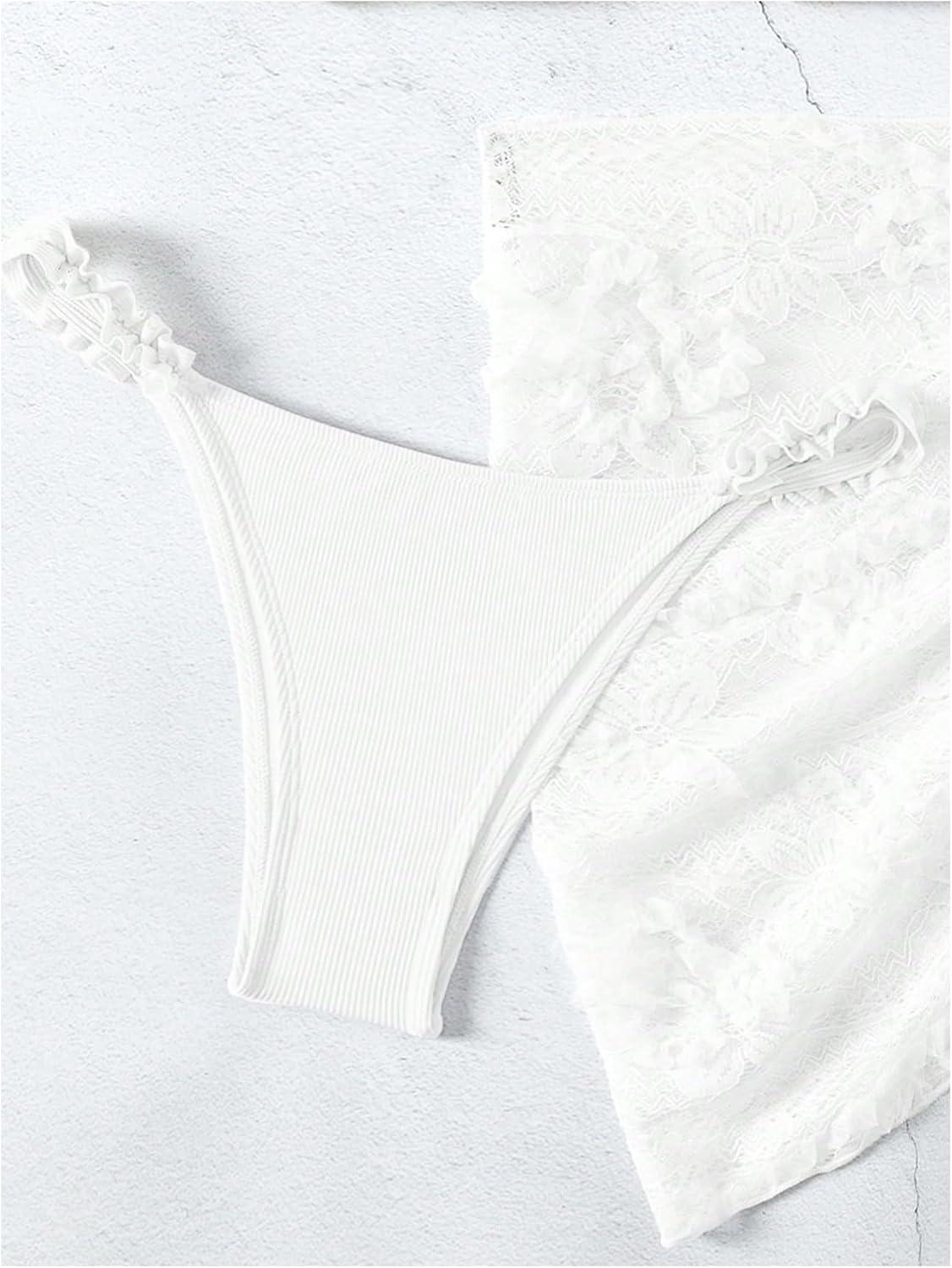 imageSHENHE Womens 3 Pieces Swimsuits with Lace Sarong Coverup Skirt Triangle Frilly Bikini SetSolid White