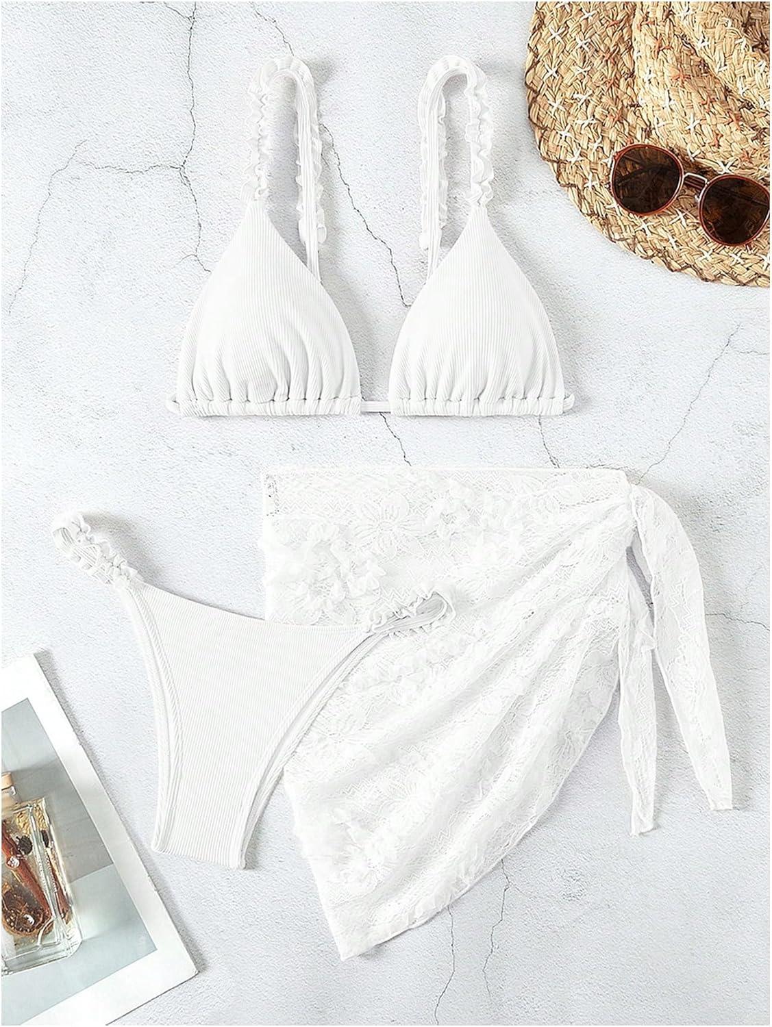 imageSHENHE Womens 3 Pieces Swimsuits with Lace Sarong Coverup Skirt Triangle Frilly Bikini SetSolid White