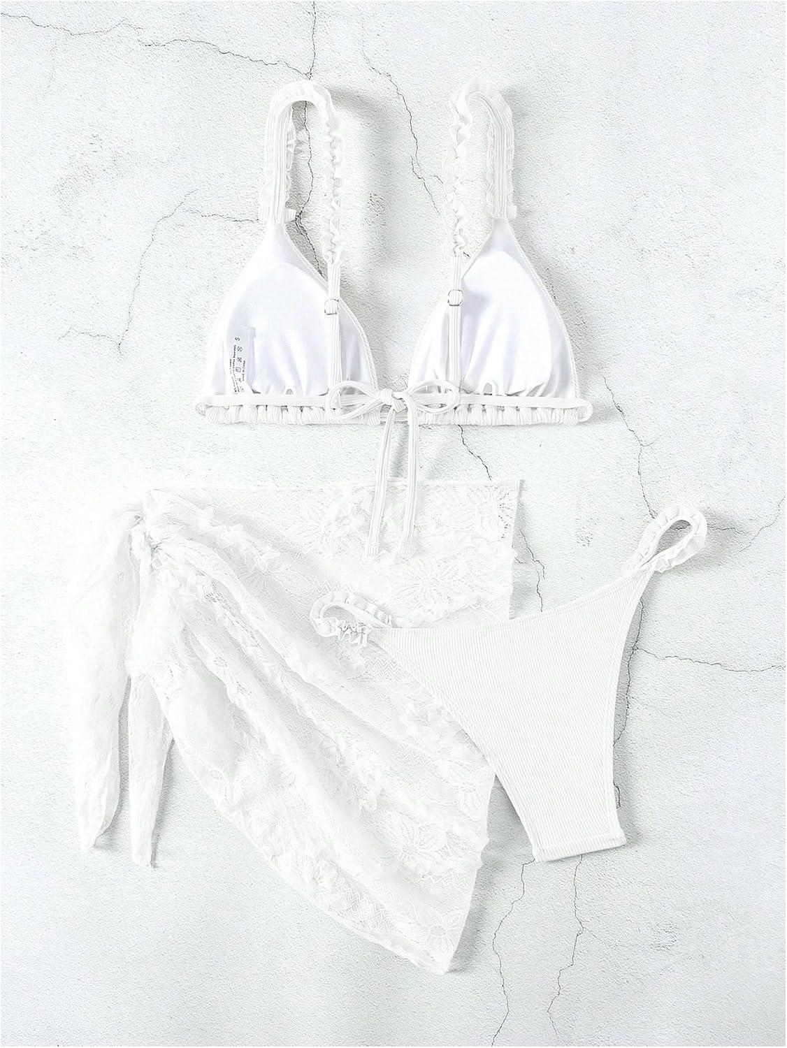 imageSHENHE Womens 3 Pieces Swimsuits with Lace Sarong Coverup Skirt Triangle Frilly Bikini SetSolid White