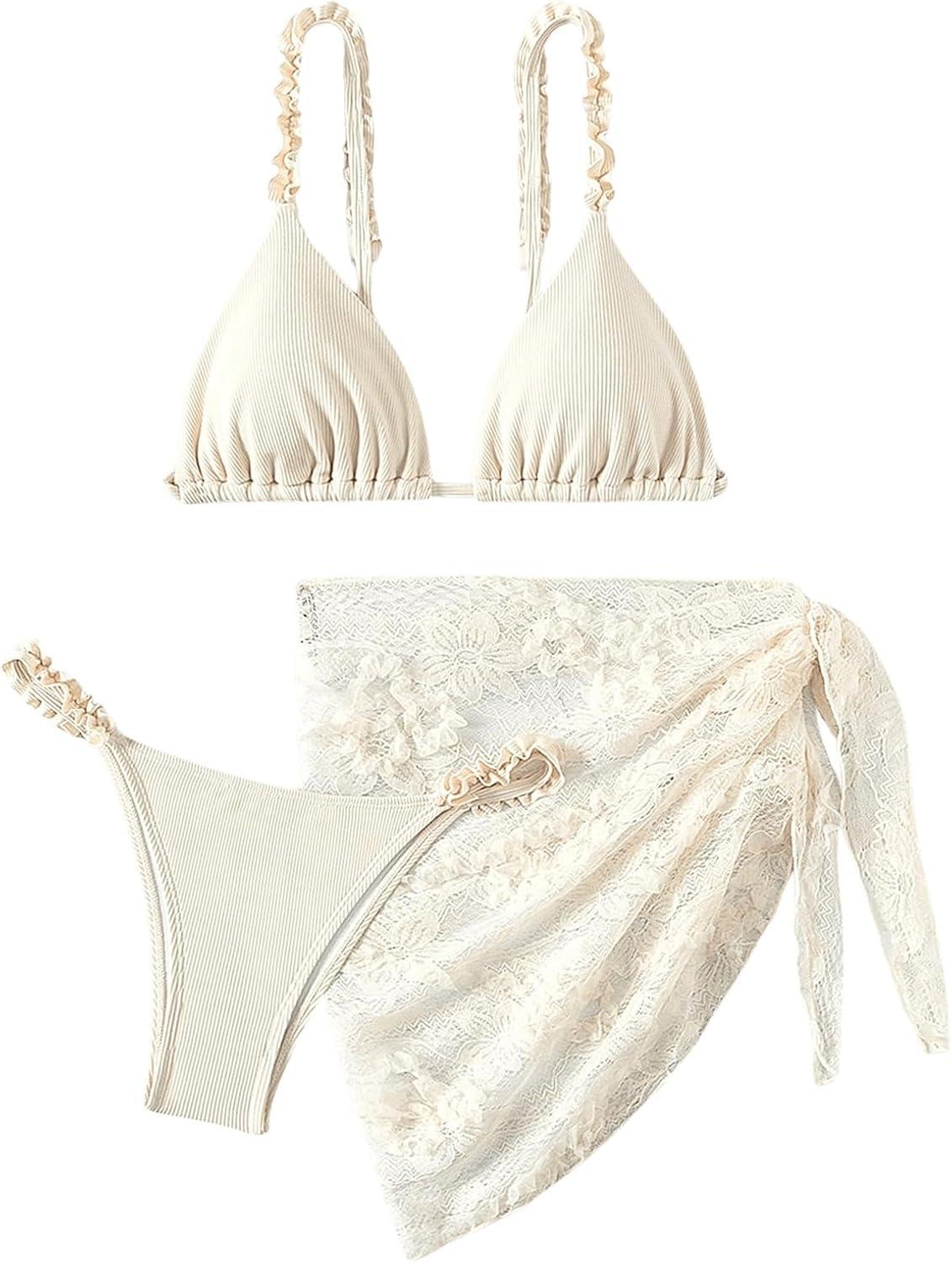 imageSHENHE Womens 3 Pieces Swimsuits with Lace Sarong Coverup Skirt Triangle Frilly Bikini SetWhite