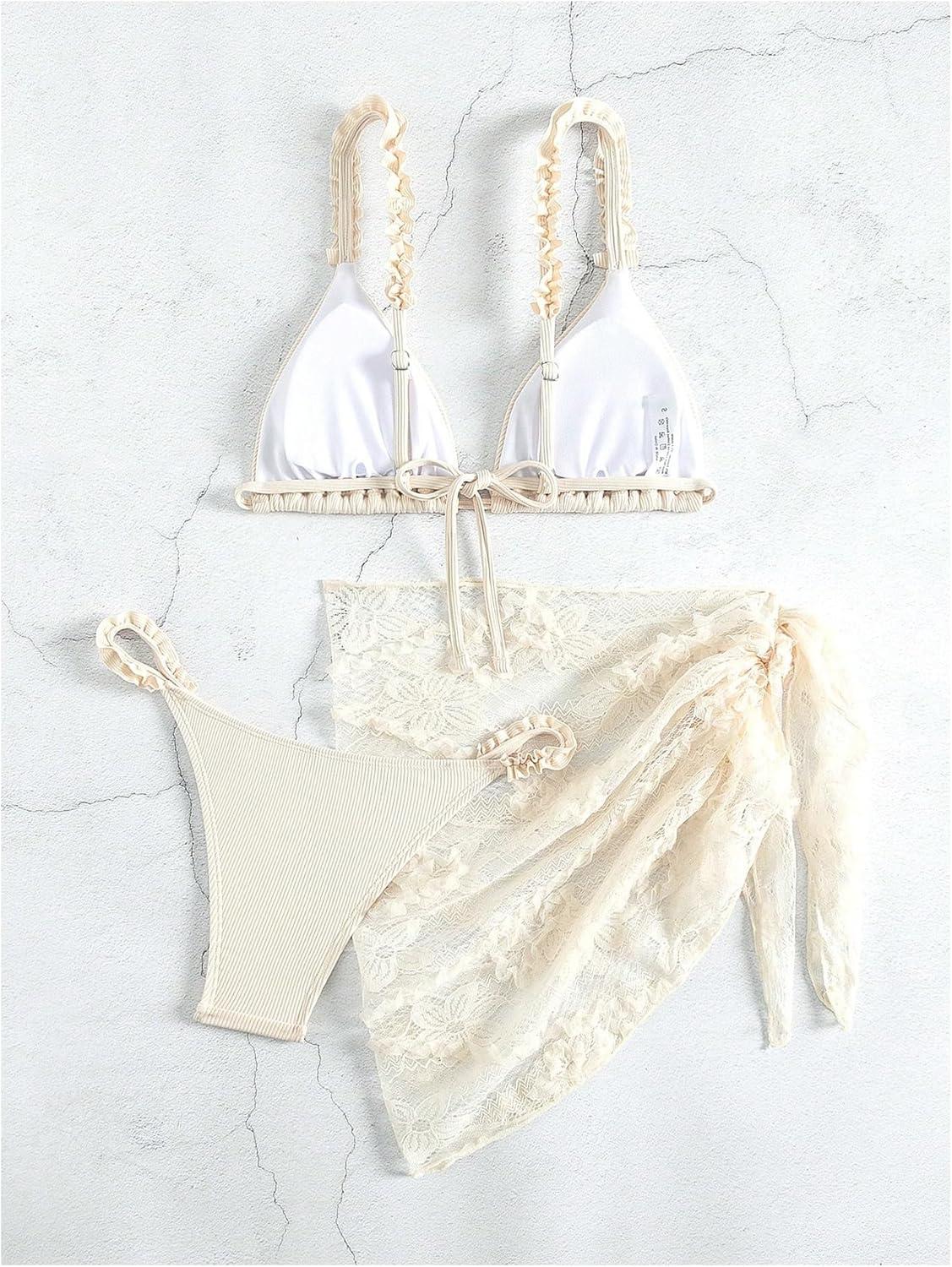 imageSHENHE Womens 3 Pieces Swimsuits with Lace Sarong Coverup Skirt Triangle Frilly Bikini SetWhite