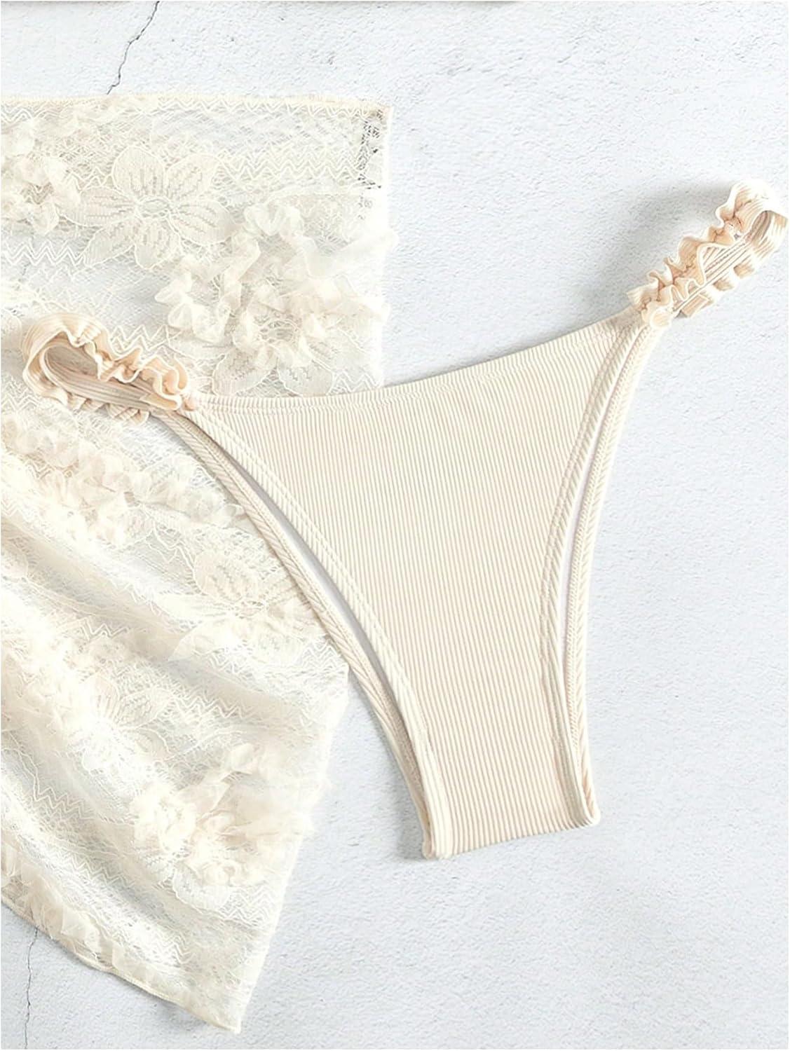 imageSHENHE Womens 3 Pieces Swimsuits with Lace Sarong Coverup Skirt Triangle Frilly Bikini SetWhite