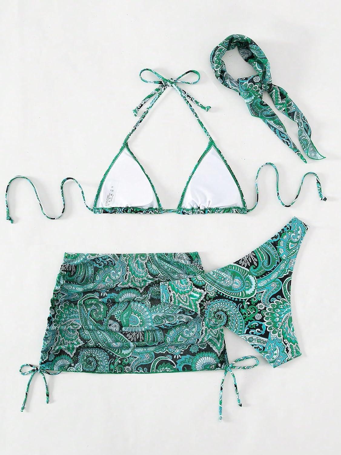 imageSHENHE Womens 4 Piece Paisley Swimsuit Halter Tie Back Sexy Triangle Bikini Sets with Cover UpGreen