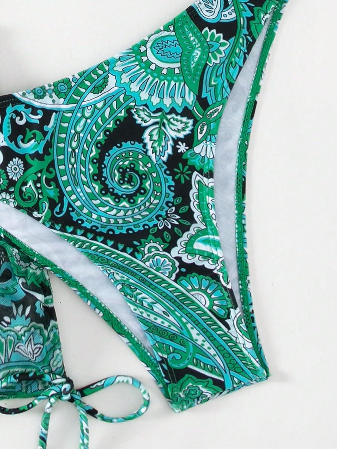 imageSHENHE Womens 4 Piece Paisley Swimsuit Halter Tie Back Sexy Triangle Bikini Sets with Cover UpGreen