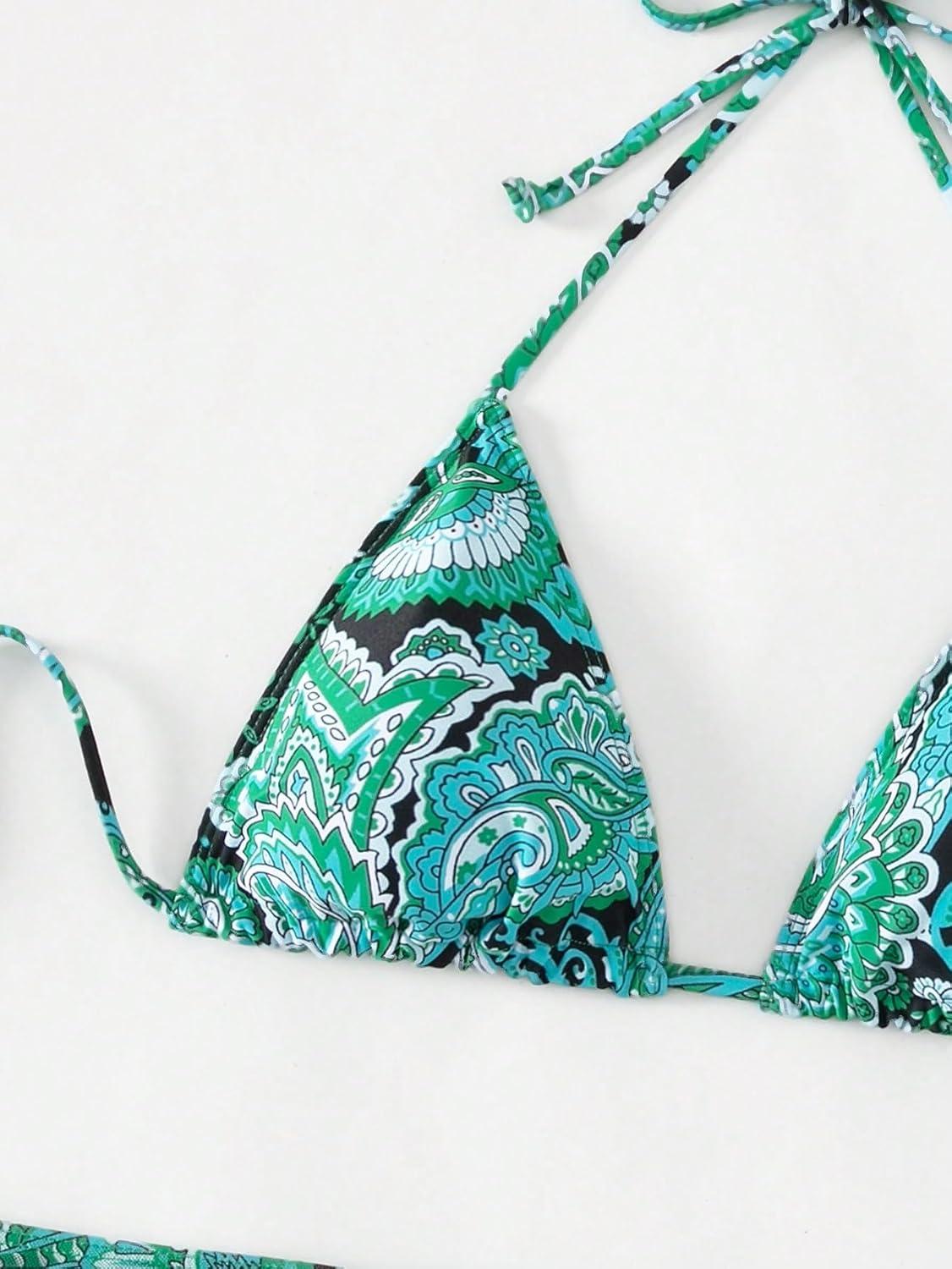 imageSHENHE Womens 4 Piece Paisley Swimsuit Halter Tie Back Sexy Triangle Bikini Sets with Cover UpGreen