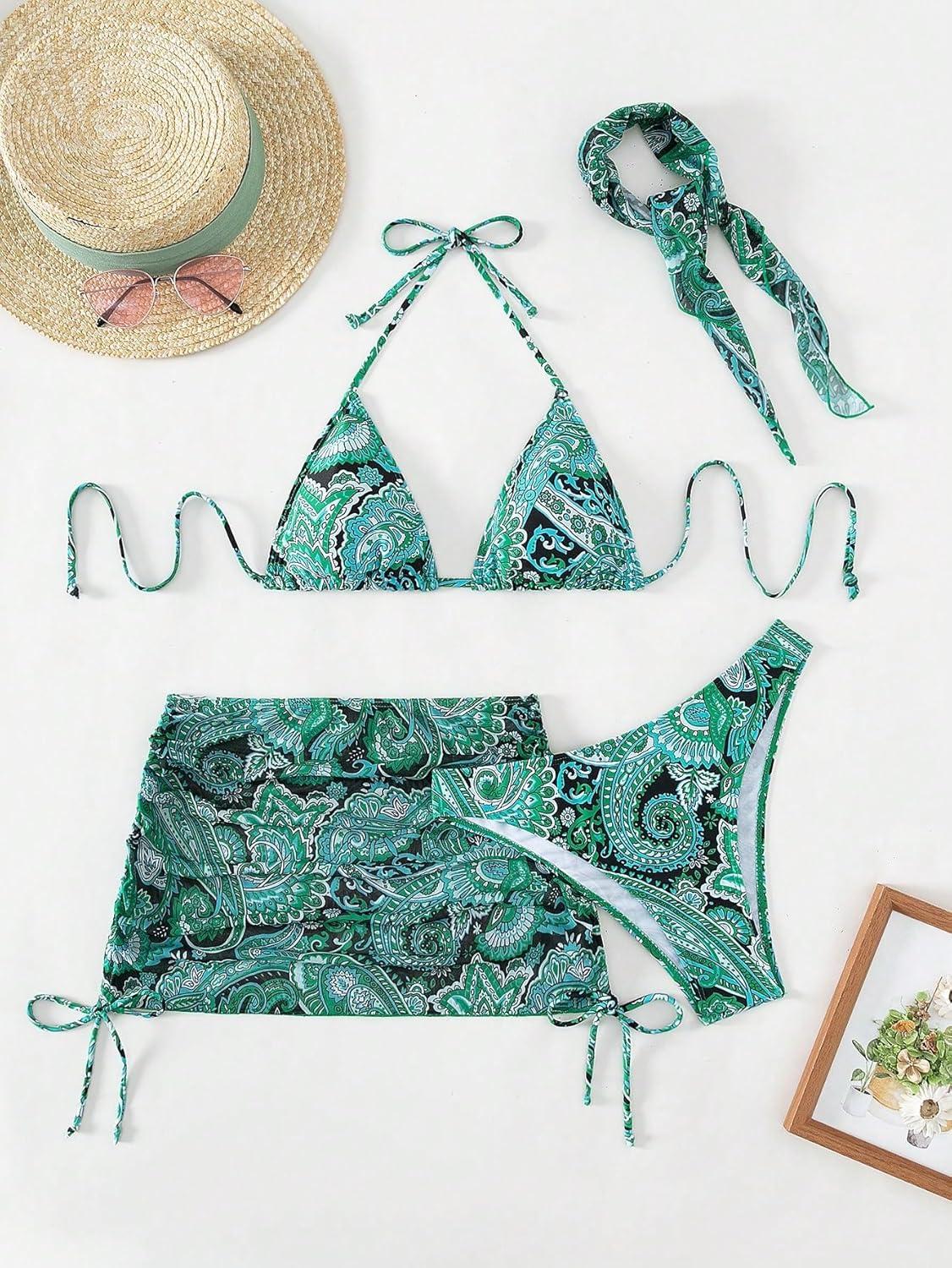 imageSHENHE Womens 4 Piece Paisley Swimsuit Halter Tie Back Sexy Triangle Bikini Sets with Cover UpGreen