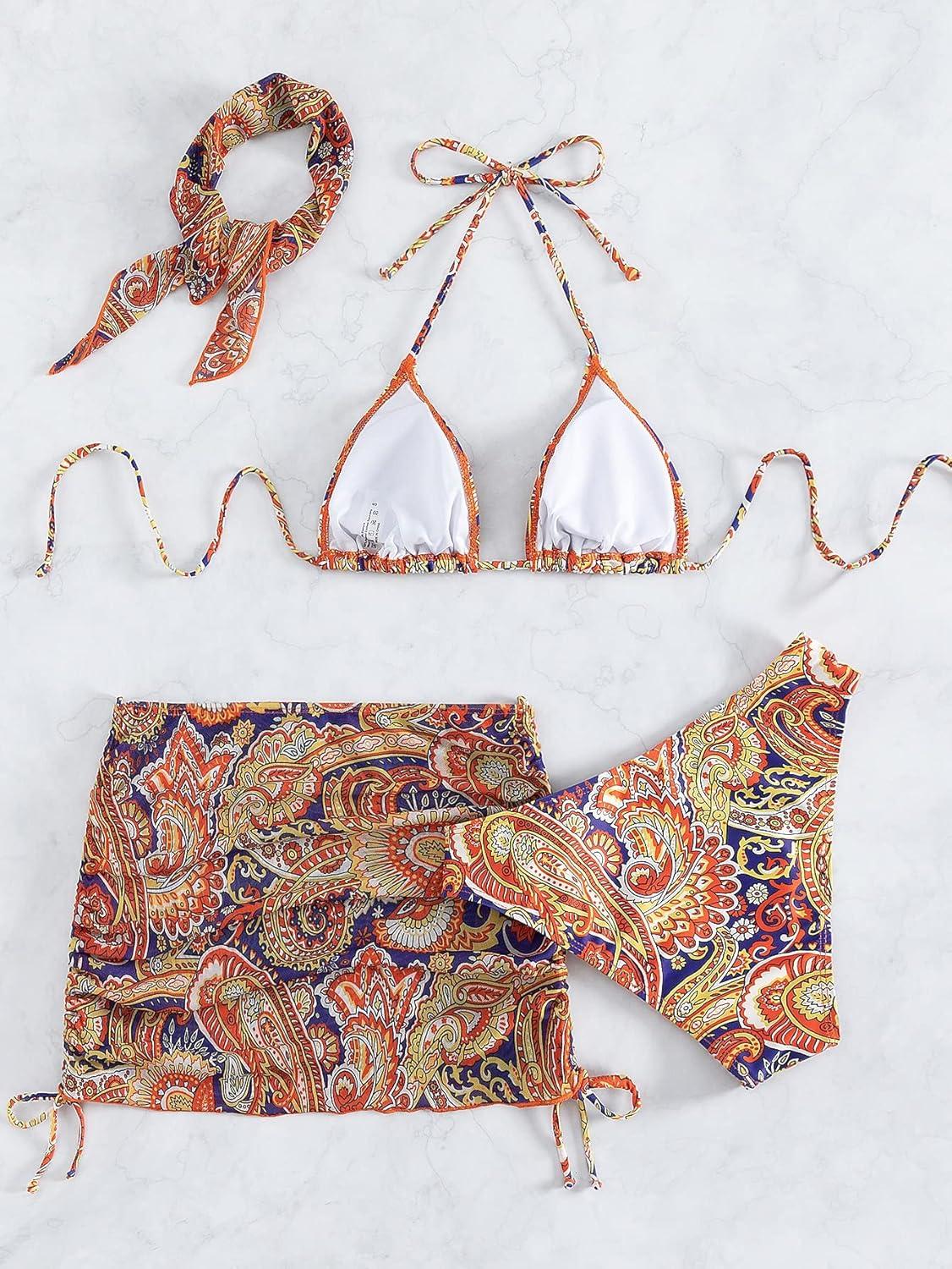imageSHENHE Womens 4 Piece Paisley Swimsuit Halter Tie Back Sexy Triangle Bikini Sets with Cover UpOrange Multicolor