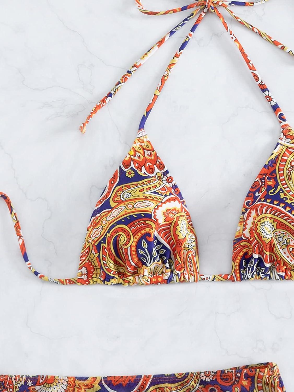 imageSHENHE Womens 4 Piece Paisley Swimsuit Halter Tie Back Sexy Triangle Bikini Sets with Cover UpOrange Multicolor