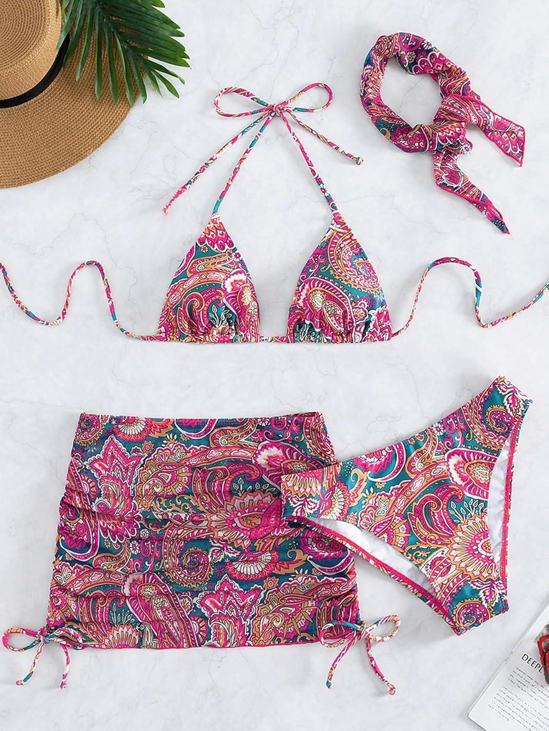 imageSHENHE Womens 4 Piece Paisley Swimsuit Halter Tie Back Sexy Triangle Bikini Sets with Cover UpRed