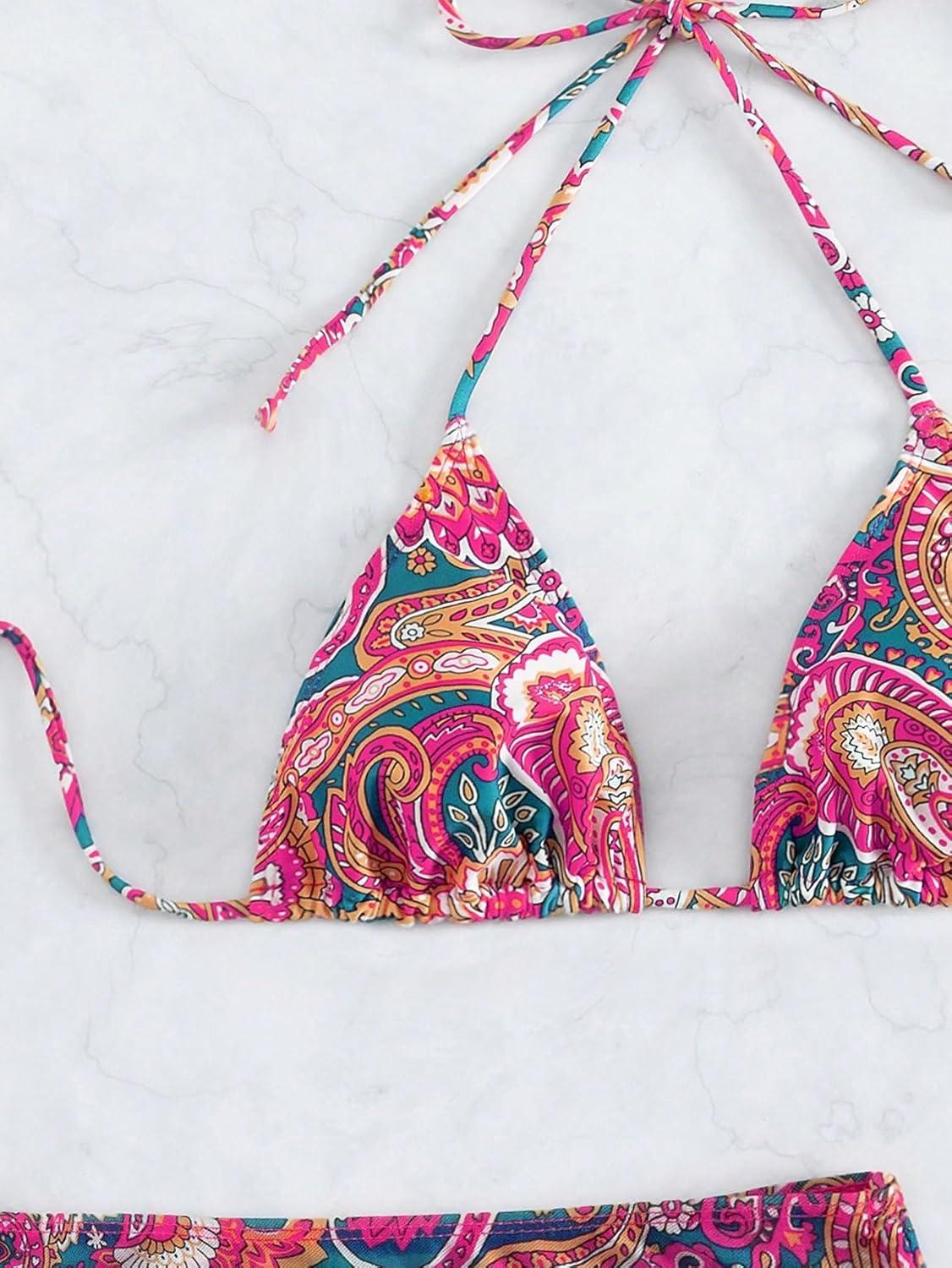 imageSHENHE Womens 4 Piece Paisley Swimsuit Halter Tie Back Sexy Triangle Bikini Sets with Cover UpRed