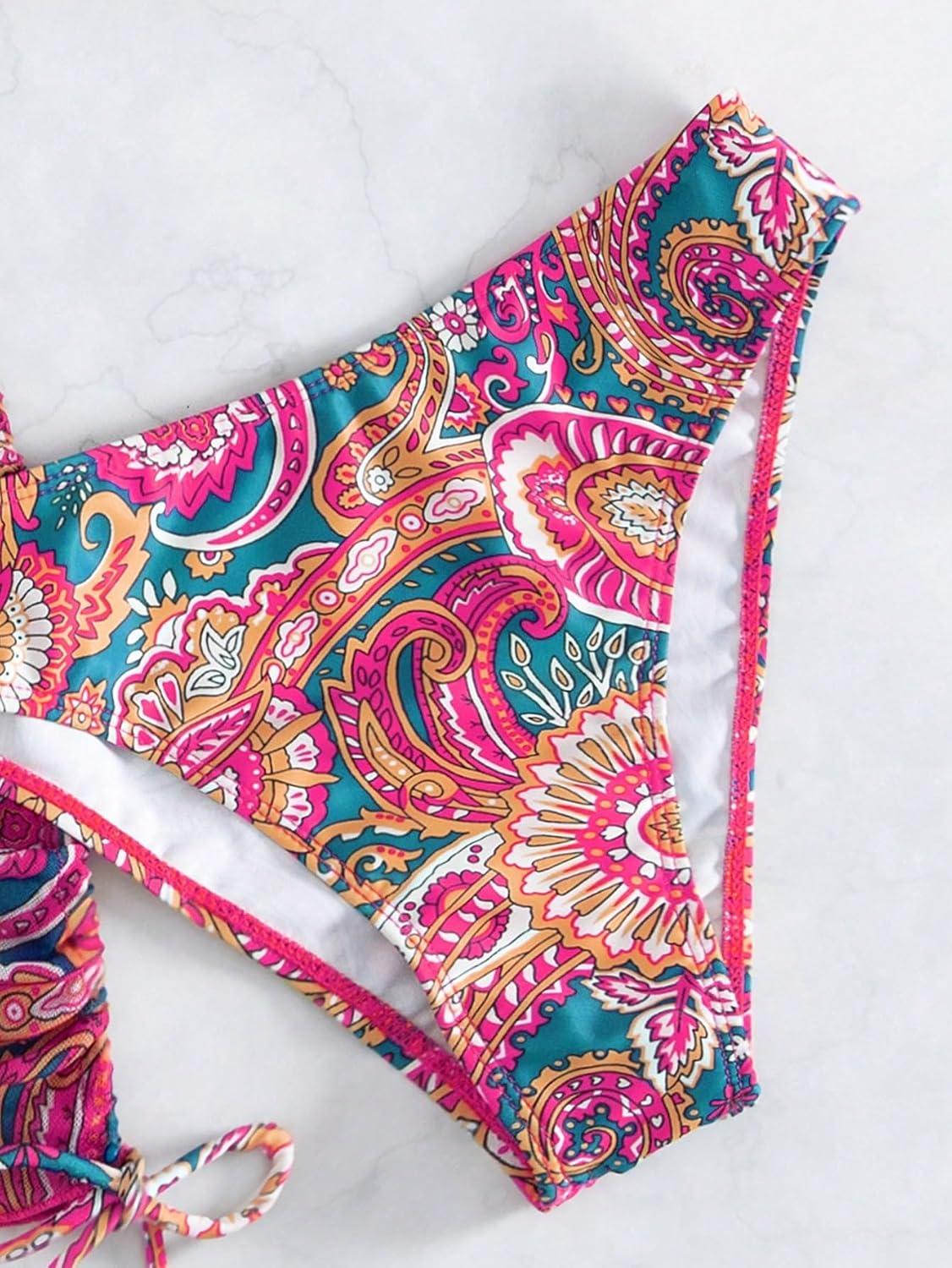 imageSHENHE Womens 4 Piece Paisley Swimsuit Halter Tie Back Sexy Triangle Bikini Sets with Cover UpRed