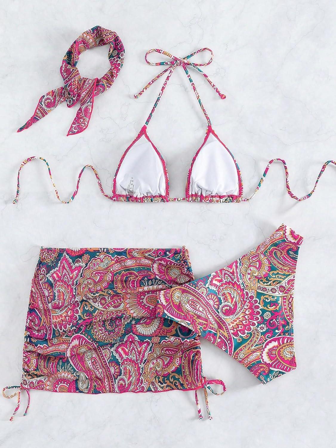 imageSHENHE Womens 4 Piece Paisley Swimsuit Halter Tie Back Sexy Triangle Bikini Sets with Cover UpRed