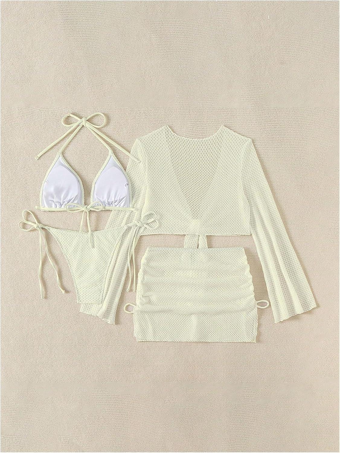 imageSHENHE Womens 4 Piece Swimsuit Fishnet Triangle Halter String Bikini Set with Cover Up Top SkirtApricot
