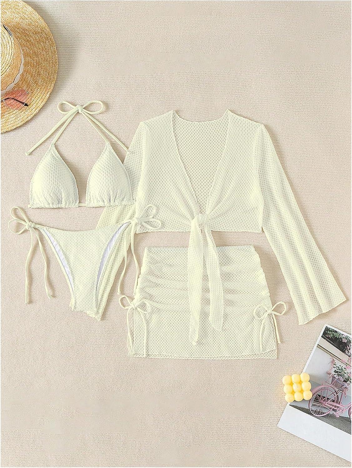 imageSHENHE Womens 4 Piece Swimsuit Fishnet Triangle Halter String Bikini Set with Cover Up Top SkirtApricot