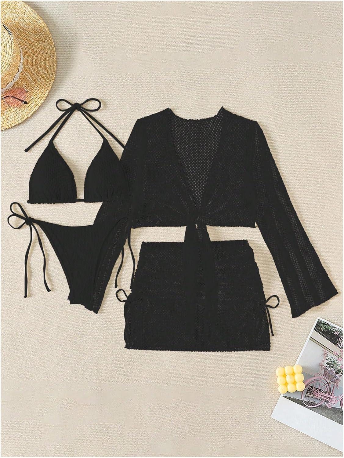 imageSHENHE Womens 4 Piece Swimsuit Fishnet Triangle Halter String Bikini Set with Cover Up Top SkirtBlack