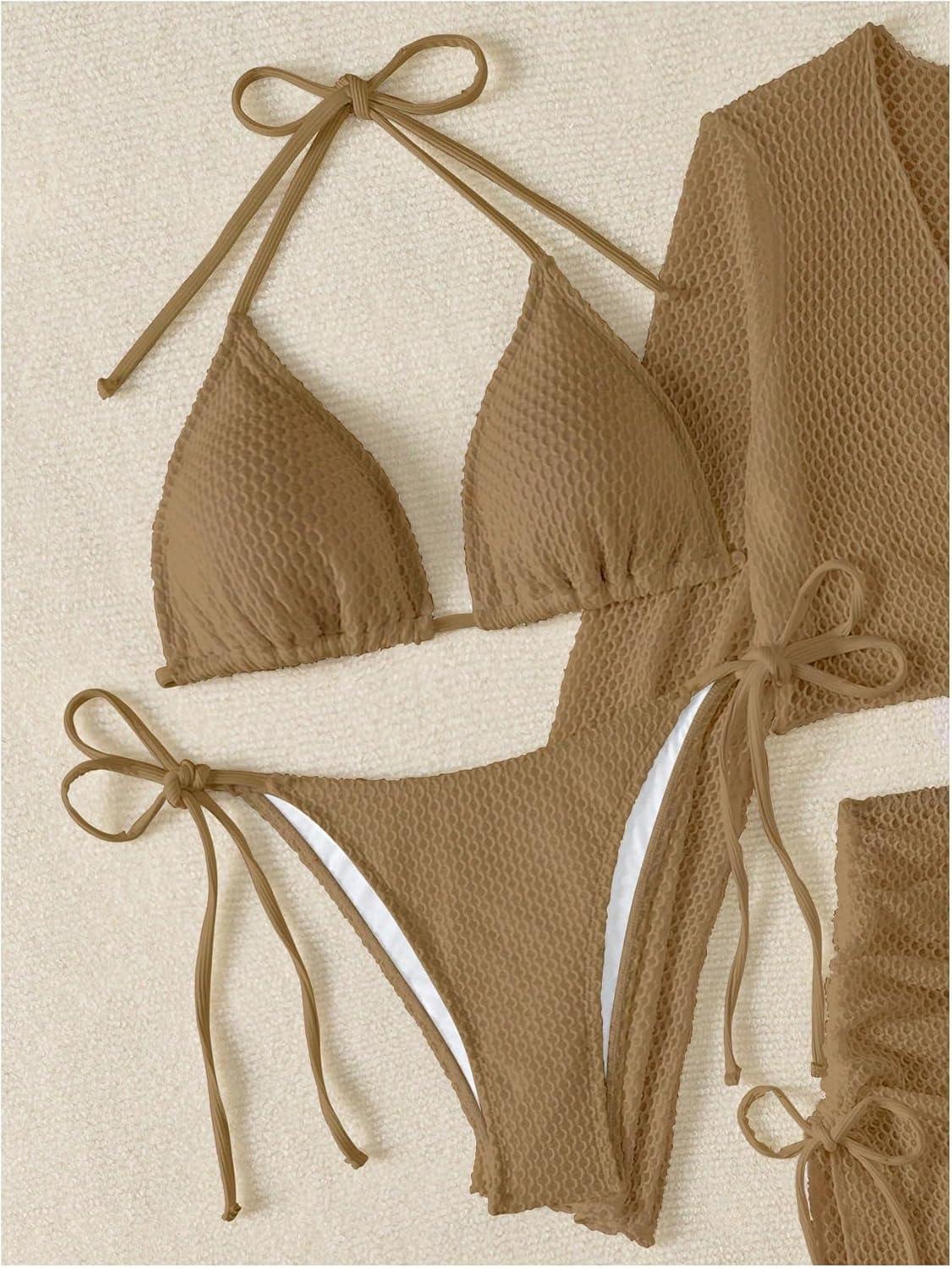 imageSHENHE Womens 4 Piece Swimsuit Fishnet Triangle Halter String Bikini Set with Cover Up Top SkirtCoffee Brown