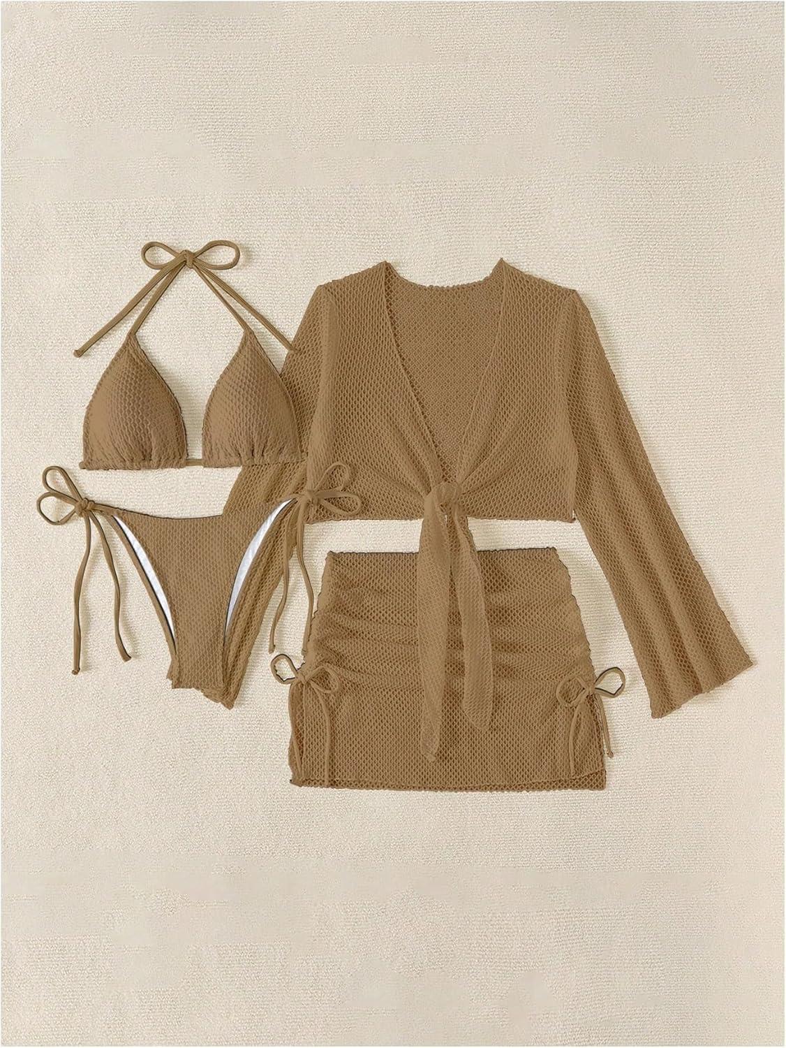 imageSHENHE Womens 4 Piece Swimsuit Fishnet Triangle Halter String Bikini Set with Cover Up Top SkirtCoffee Brown