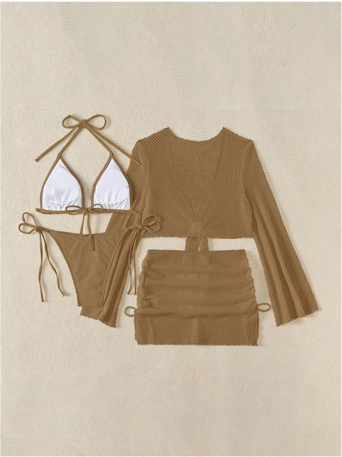 imageSHENHE Womens 4 Piece Swimsuit Fishnet Triangle Halter String Bikini Set with Cover Up Top SkirtCoffee Brown