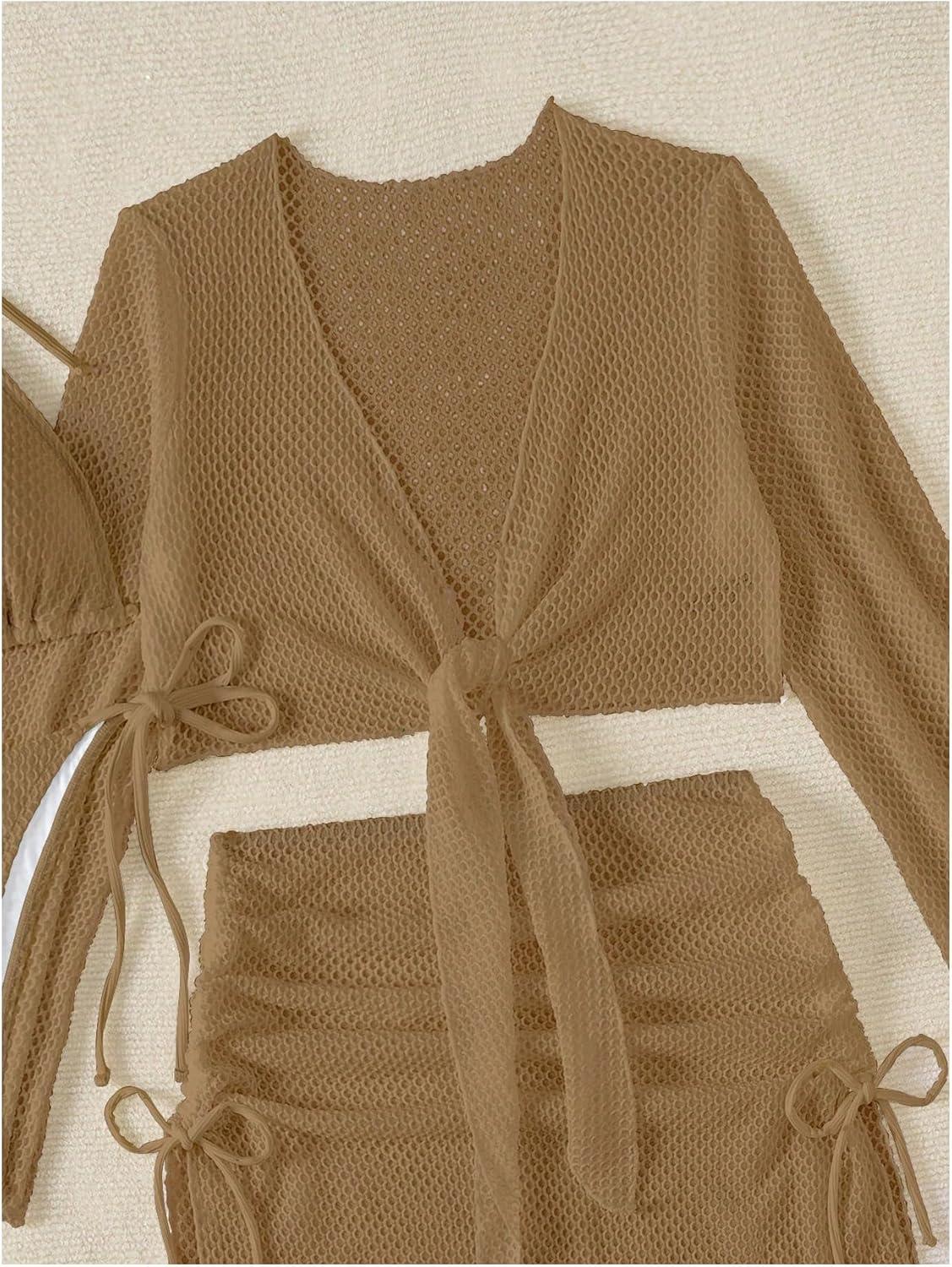 imageSHENHE Womens 4 Piece Swimsuit Fishnet Triangle Halter String Bikini Set with Cover Up Top SkirtCoffee Brown