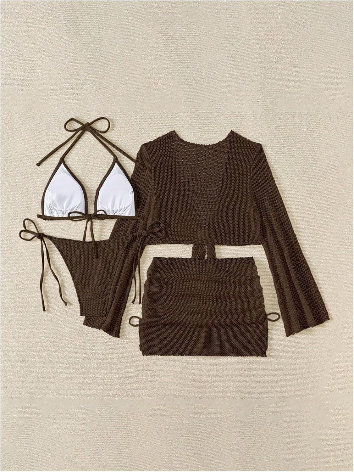 imageSHENHE Womens 4 Piece Swimsuit Fishnet Triangle Halter String Bikini Set with Cover Up Top SkirtDark Brown
