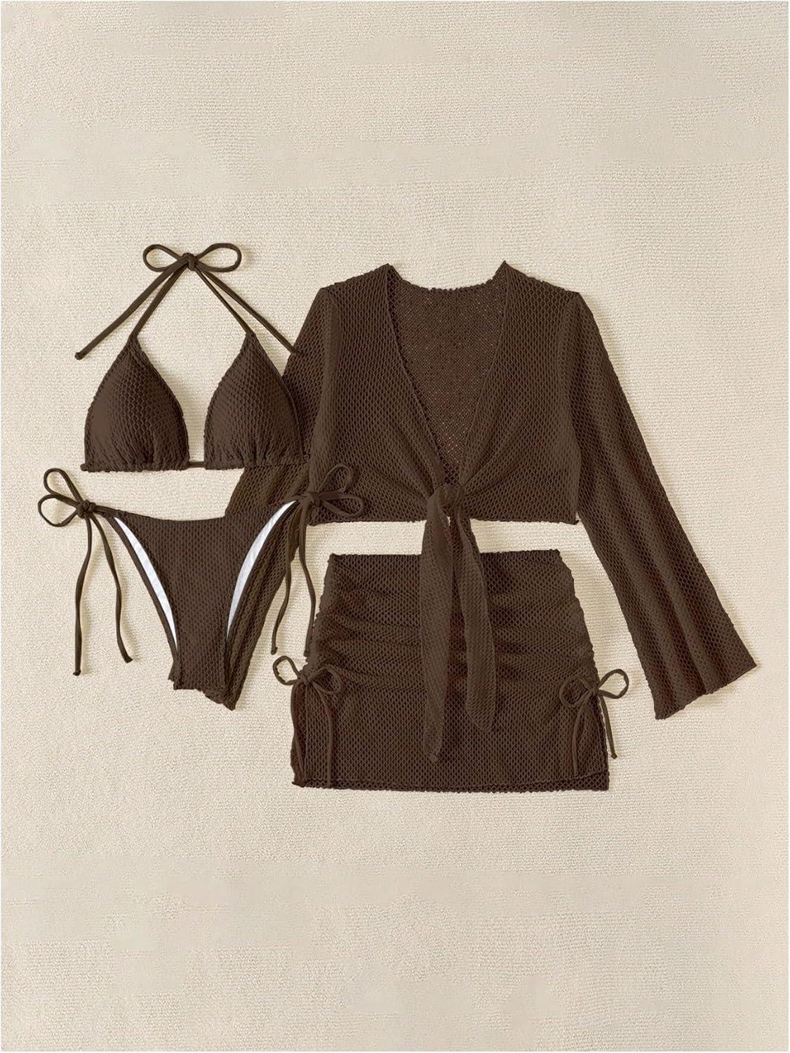 imageSHENHE Womens 4 Piece Swimsuit Fishnet Triangle Halter String Bikini Set with Cover Up Top SkirtDark Brown