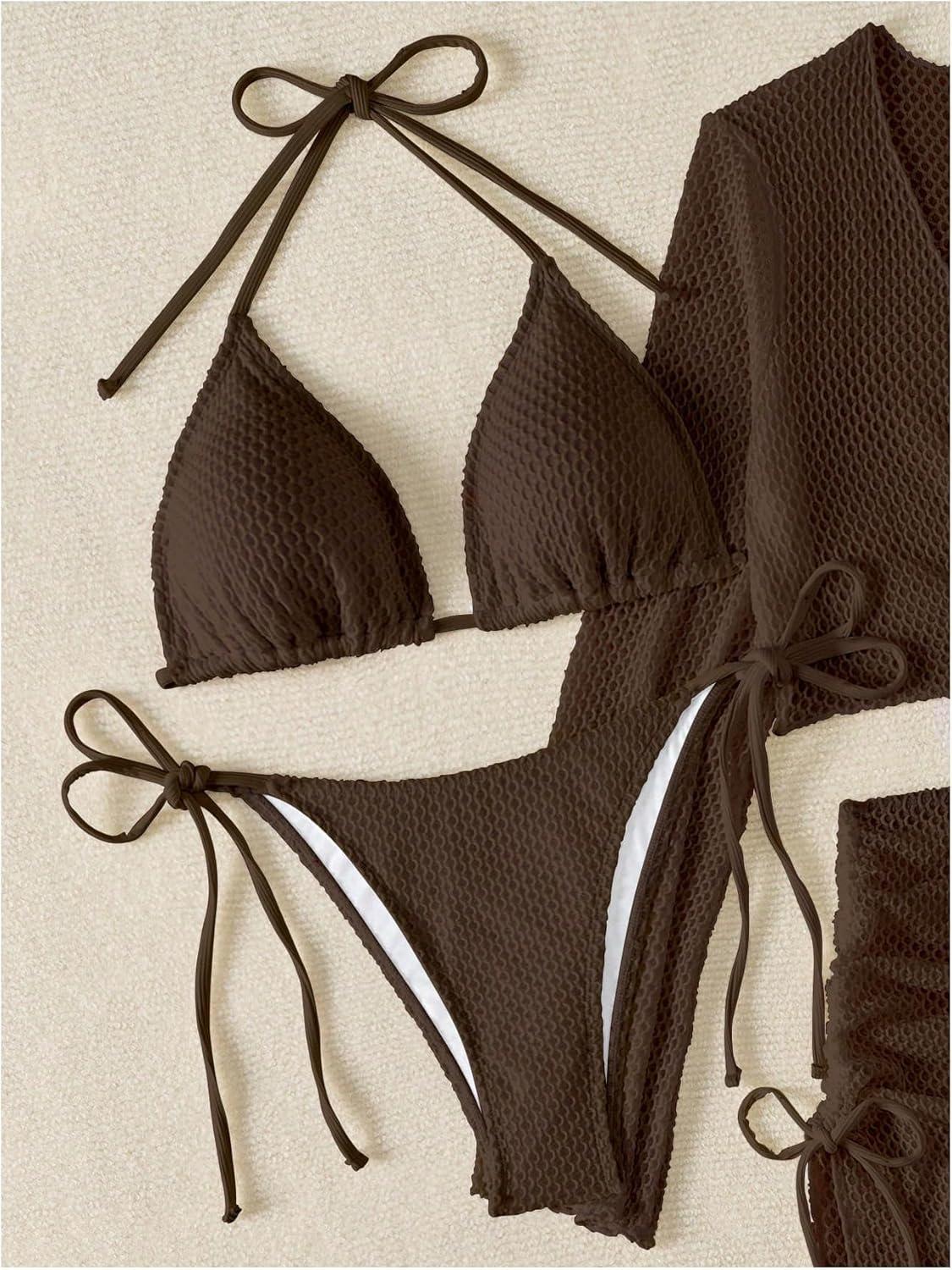 imageSHENHE Womens 4 Piece Swimsuit Fishnet Triangle Halter String Bikini Set with Cover Up Top SkirtDark Brown