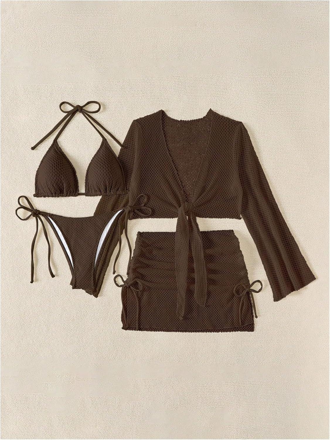 imageSHENHE Womens 4 Piece Swimsuit Fishnet Triangle Halter String Bikini Set with Cover Up Top SkirtDark Brown